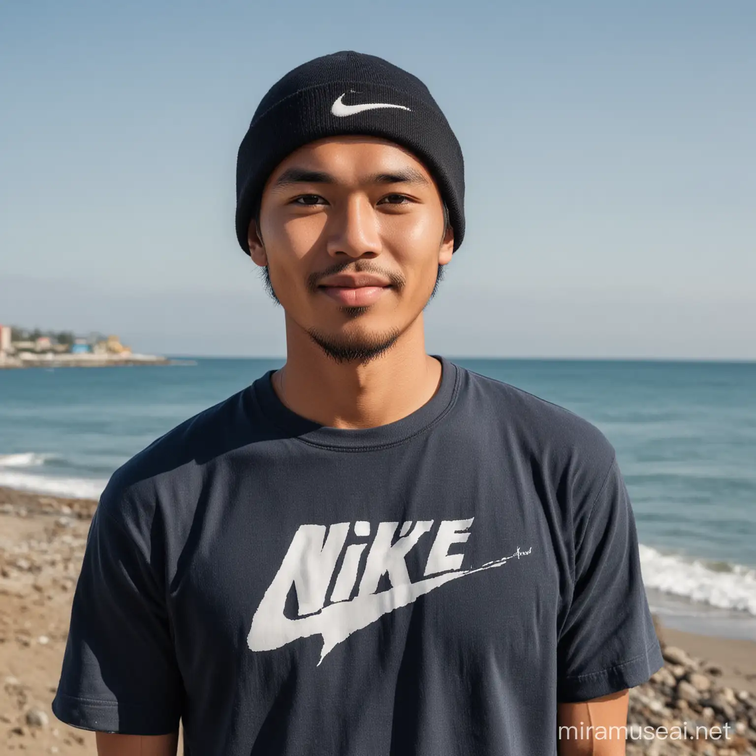 Friendly Indonesian Man Wearing Nike TShirt by the Seaside
