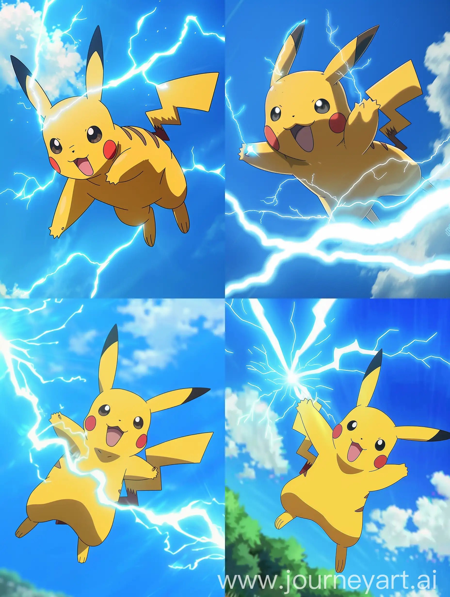 A Pikachu use thunder bol on blue sky from the highway anime