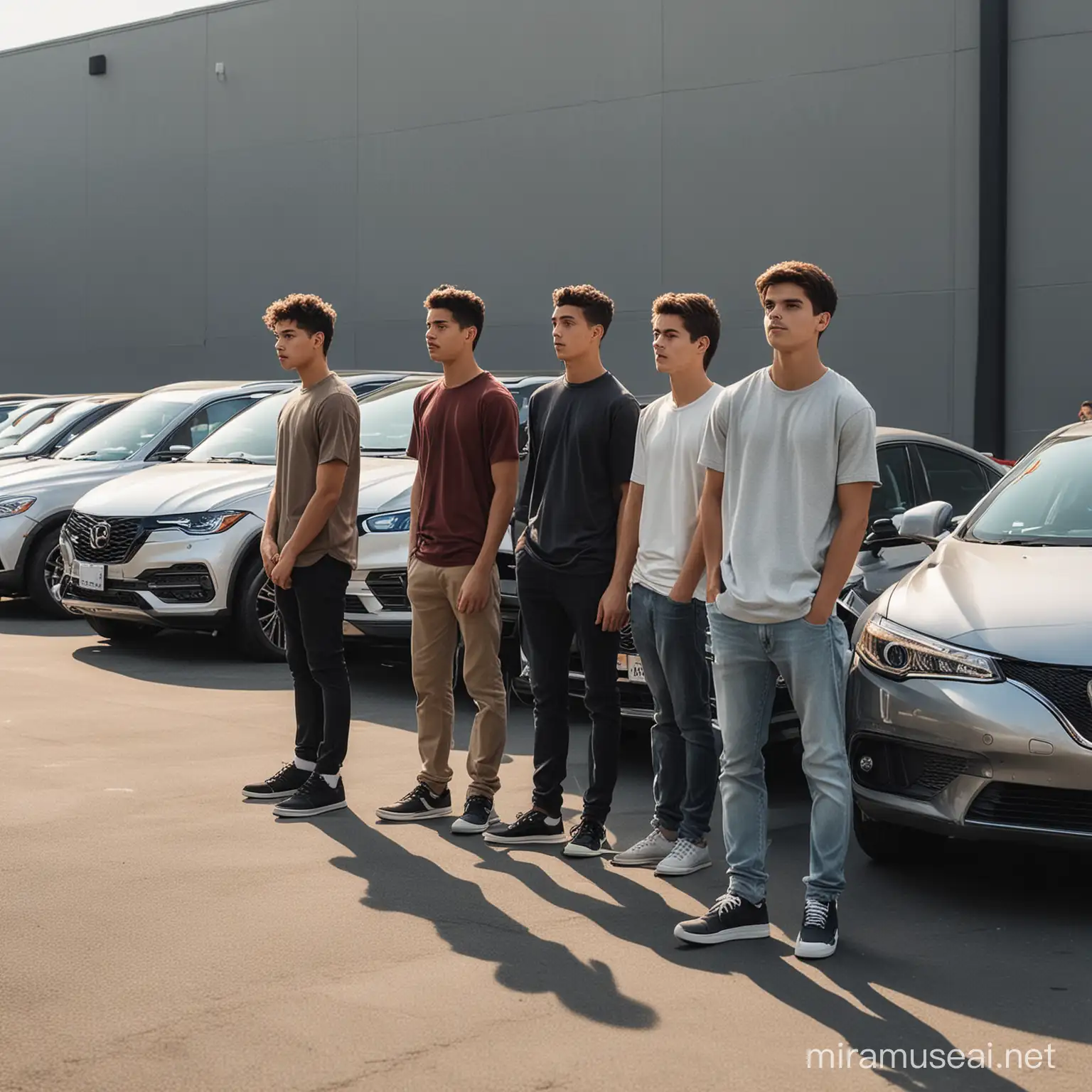 Generate a picture that took 4 physically fit male teenagers from the back looking at 4 different brand new cars in front of them