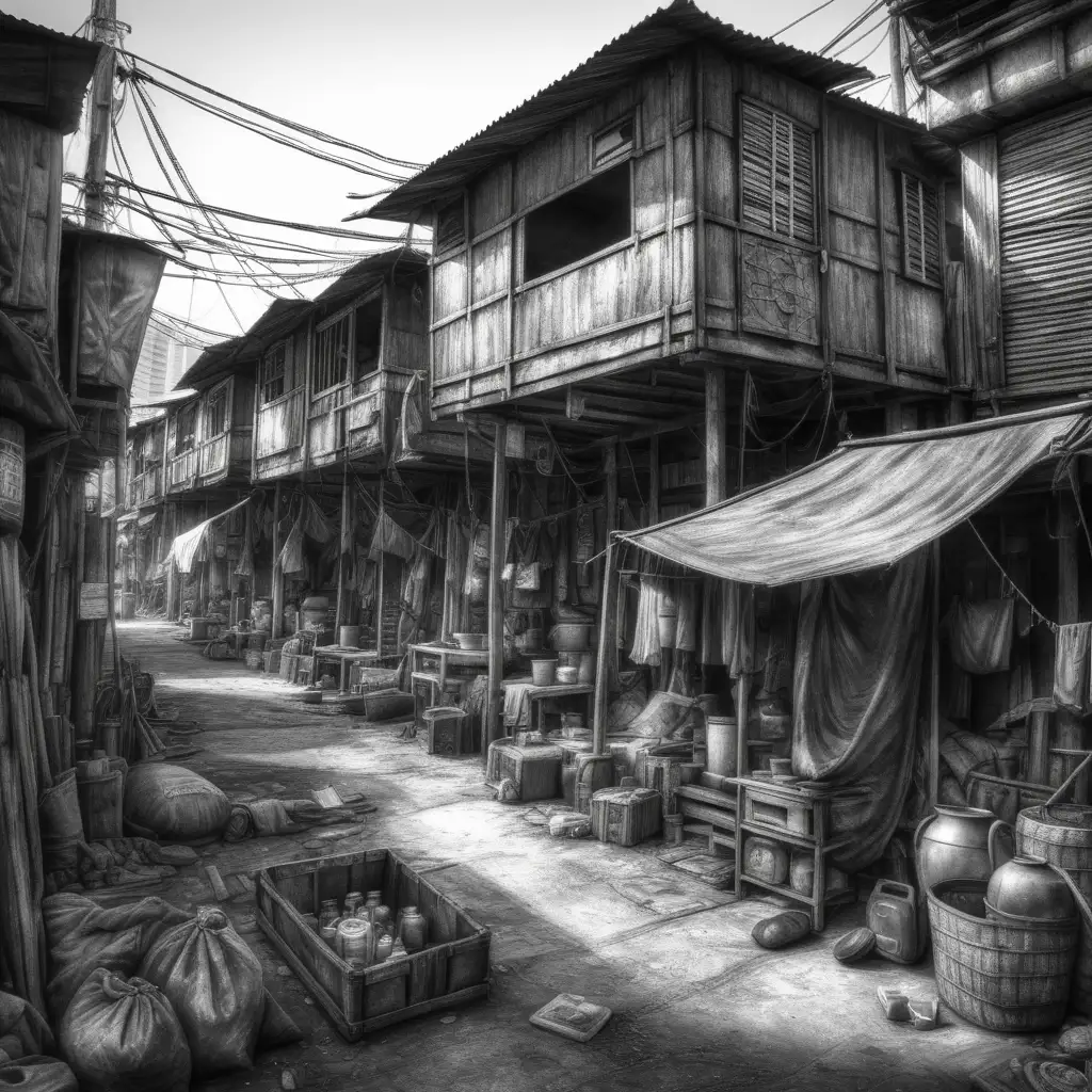 Charcoal art sketch of a squatter slum in Bangkok, intricate details, hyper realistic photography,--v 5, unreal engine,
