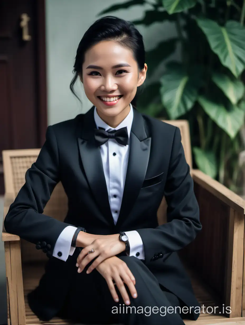 smiling vietnamese woman wearing a tuxedo, cufflinks, sitting