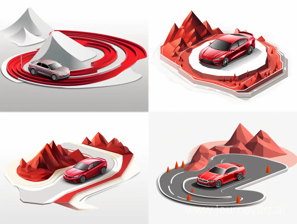 I want an image isometric polygon 3d style for the hero section of a driving school. The background of the website is white and the corporate color is red. I'm thinking about a car driving on an long highway that disappears on the distance. Use the red color as accent. Make sure that the borders of the image blend into white. The lines on the road should make sense