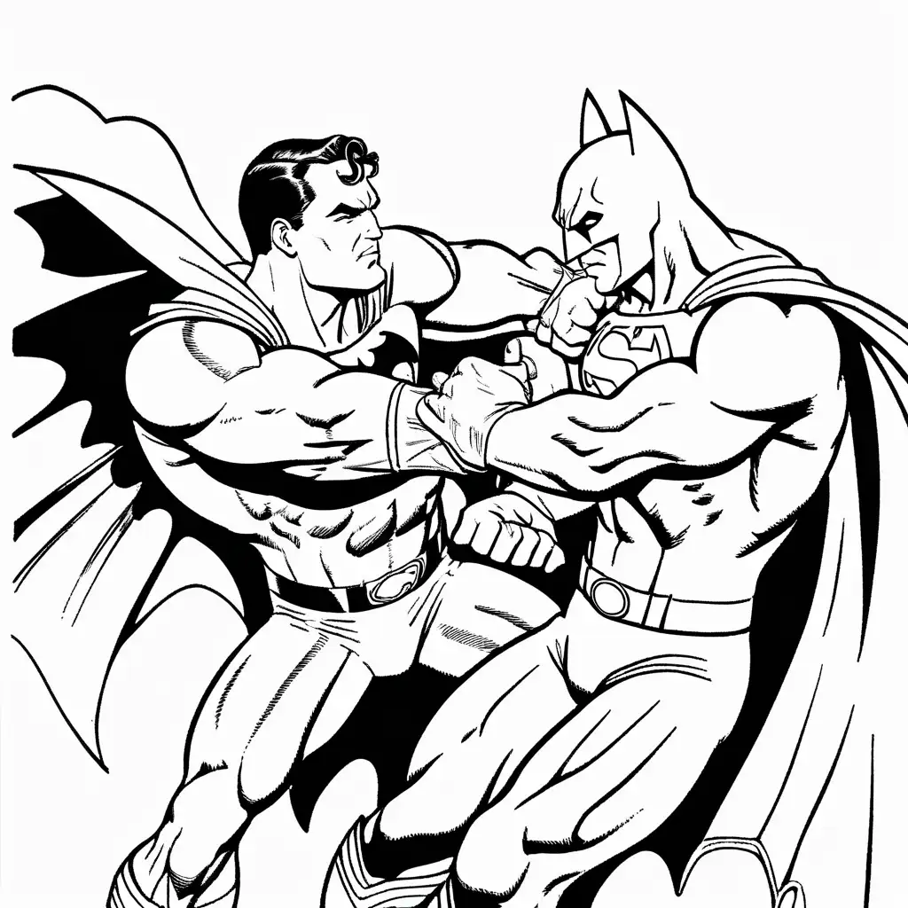 black and white outline, coloring book art, superman punching batman in the face, batman is hurt