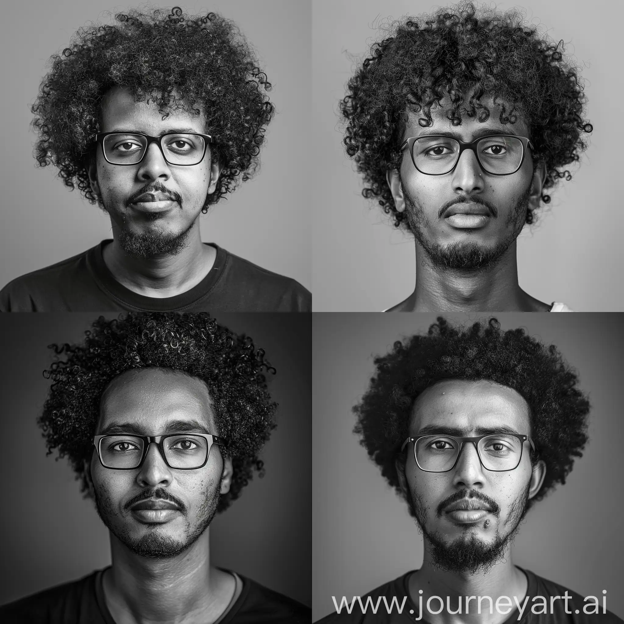 somalian man with a arab nose, and curly medium sized afro. dark but not very dark skin, rectangle  glasses. Chubby body frame, slighy pronounced jaw. chubbier face