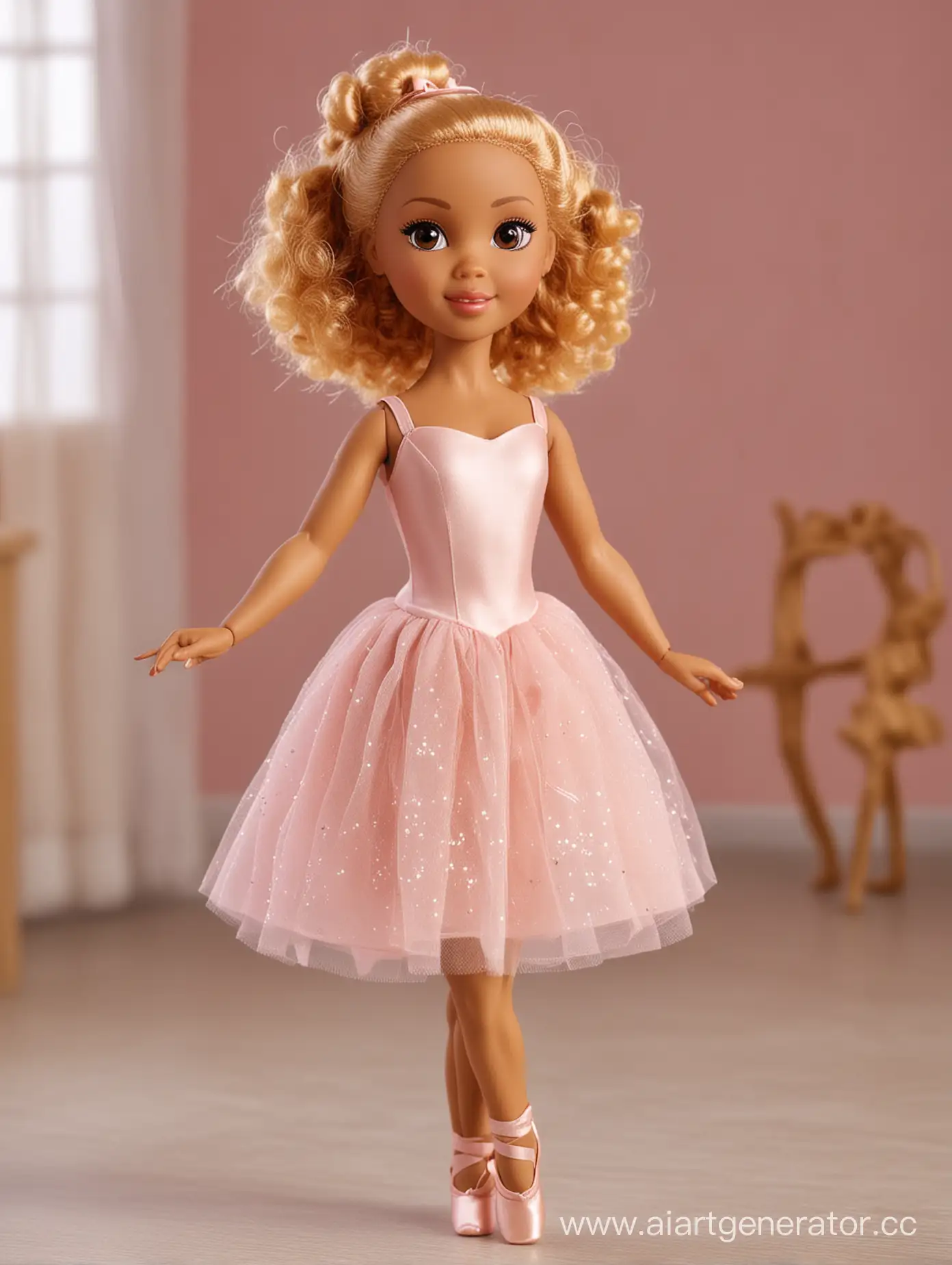 African ethnic style Golden tan mulatto doll - ballerina with long straight blond hair dances in a ballet class