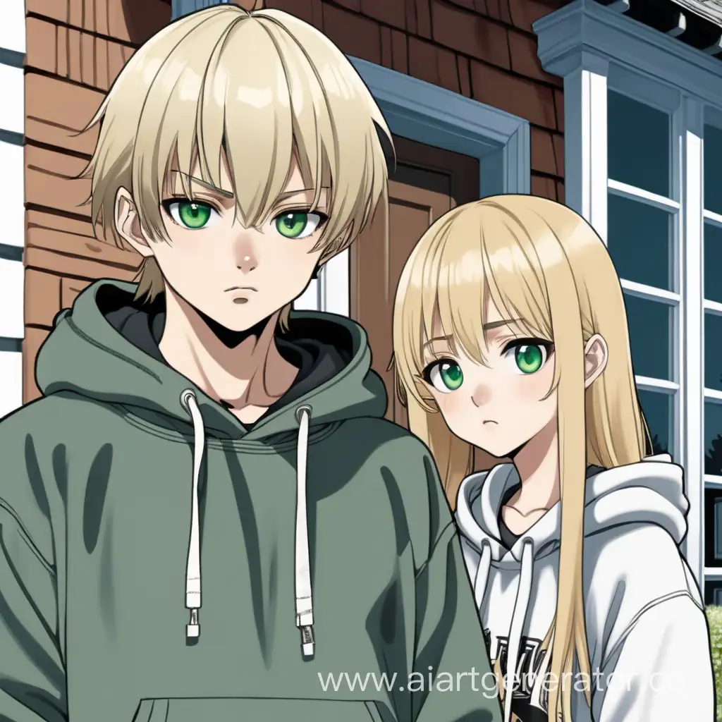 young girl,big beautiful green eyes, sweet face, short figure, long blonde hair with straight bangs, she is wearing one big hoodie, she has a thin build, she is standing near a large beautiful house, and in her hands is a phone, a tall white-haired guy with black eyes is watching her from the window of the house, and a young age and a serious face, anime style