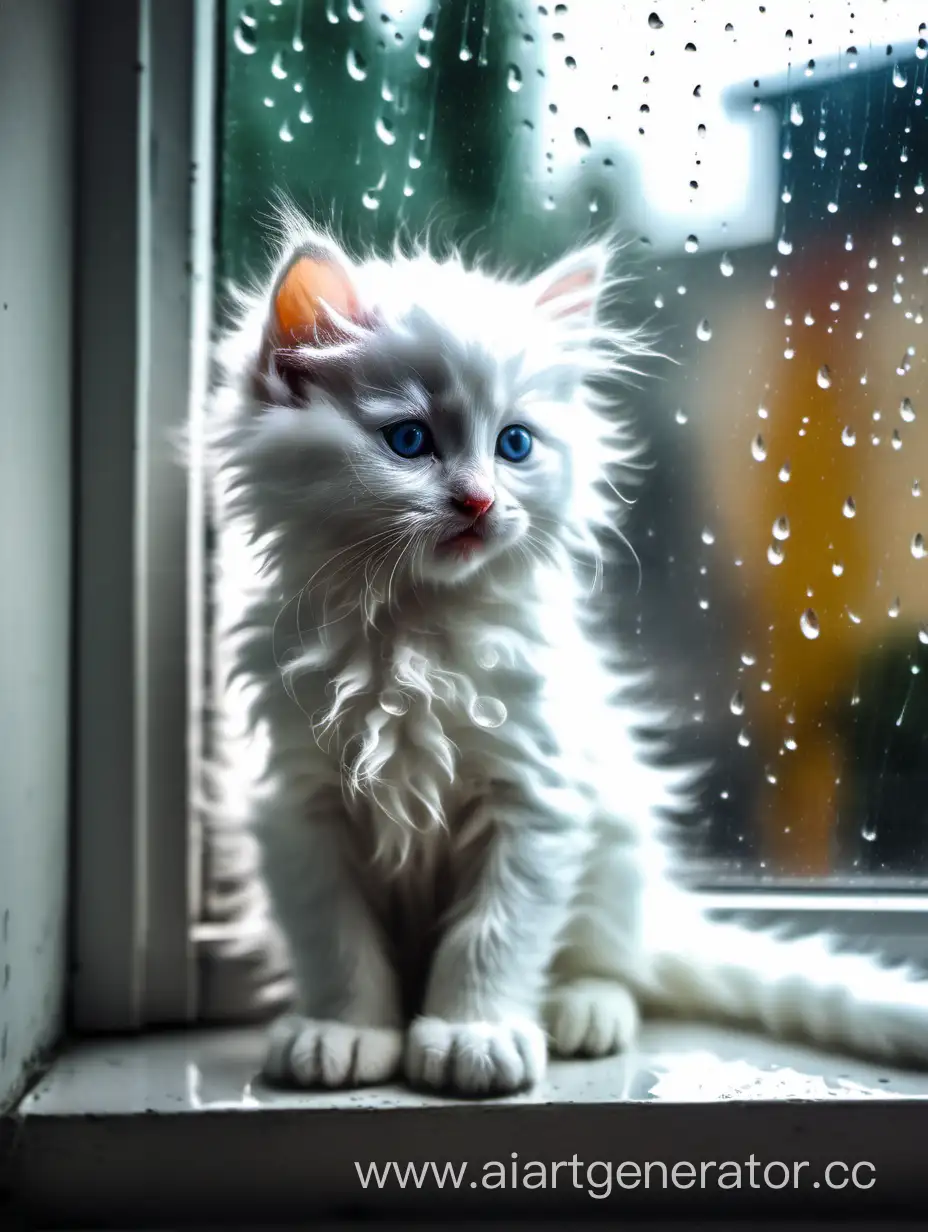 белая пушистая кошечка, сидит на подоконнике, за окном дождь, в стиле стрит арт
