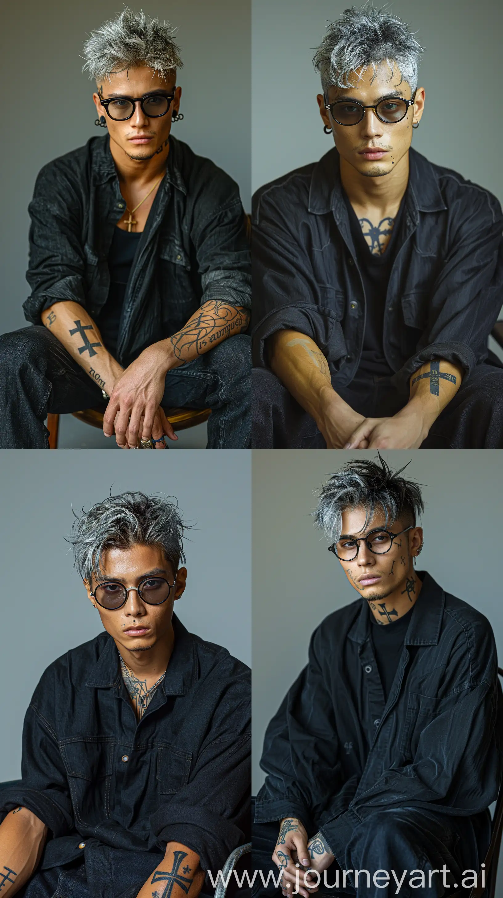photograph, long range shot, fashion model, male, seated on a chair, hairstyle is silver undercut, wearing black horn-rimmed glasses, some shaven face, his attire consists of a black loose-fit rolled up sleeves with arm medium gothic design cross tattoo and lettering tattoo, dyed black denim pants, by Richard Avedon, Sony α9 II with Sony FE 100-400mm f/4. 5-5. 6 GM OSS lens, capture the model’s confident, solid grey background photo studio, gaze into the camera, model is expressed in realistic photo, high contrast, highlighted lighting effects --ar 9:16 --style raw --s 700