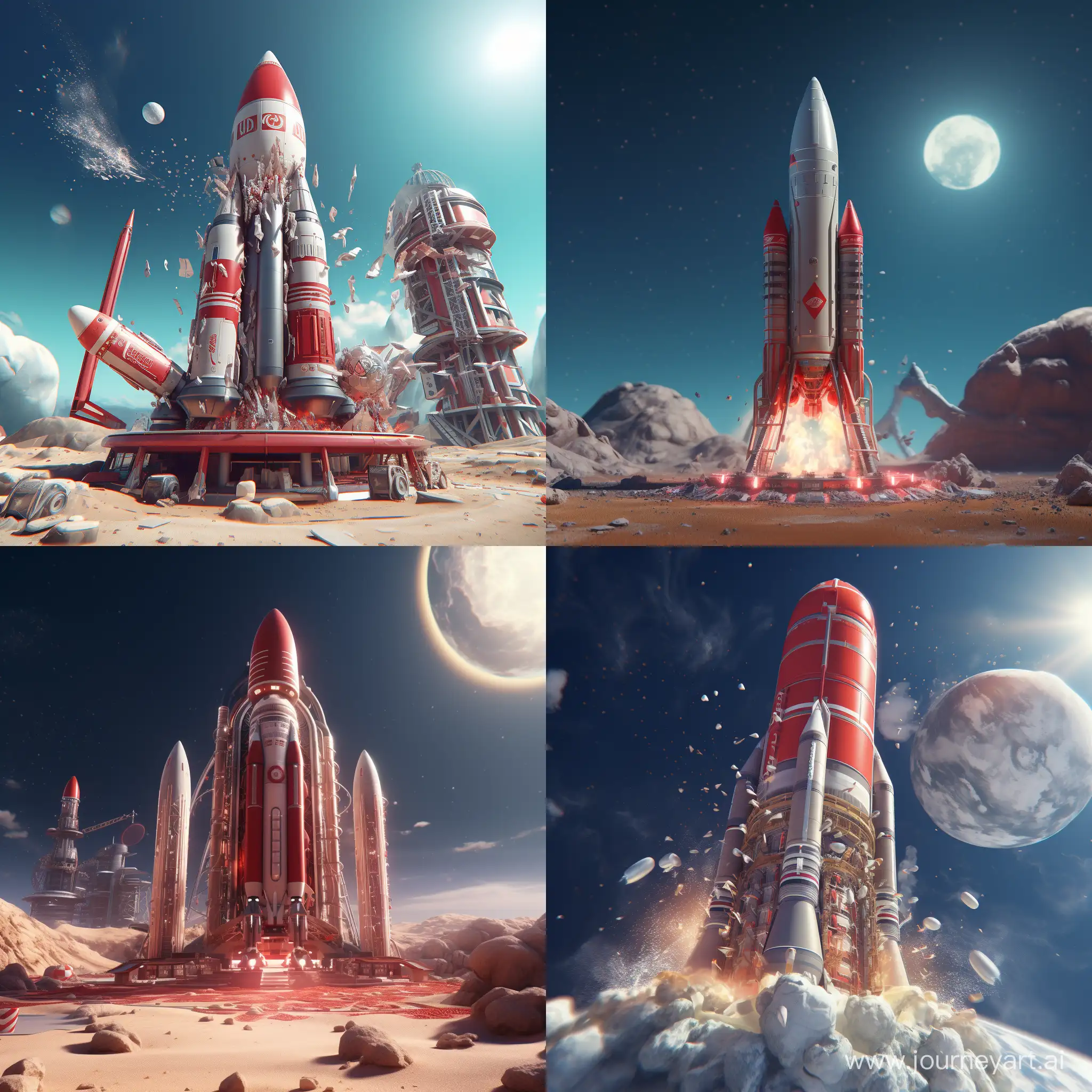 A giant rocket made of Coca-Cola and mentos. 3D animation 