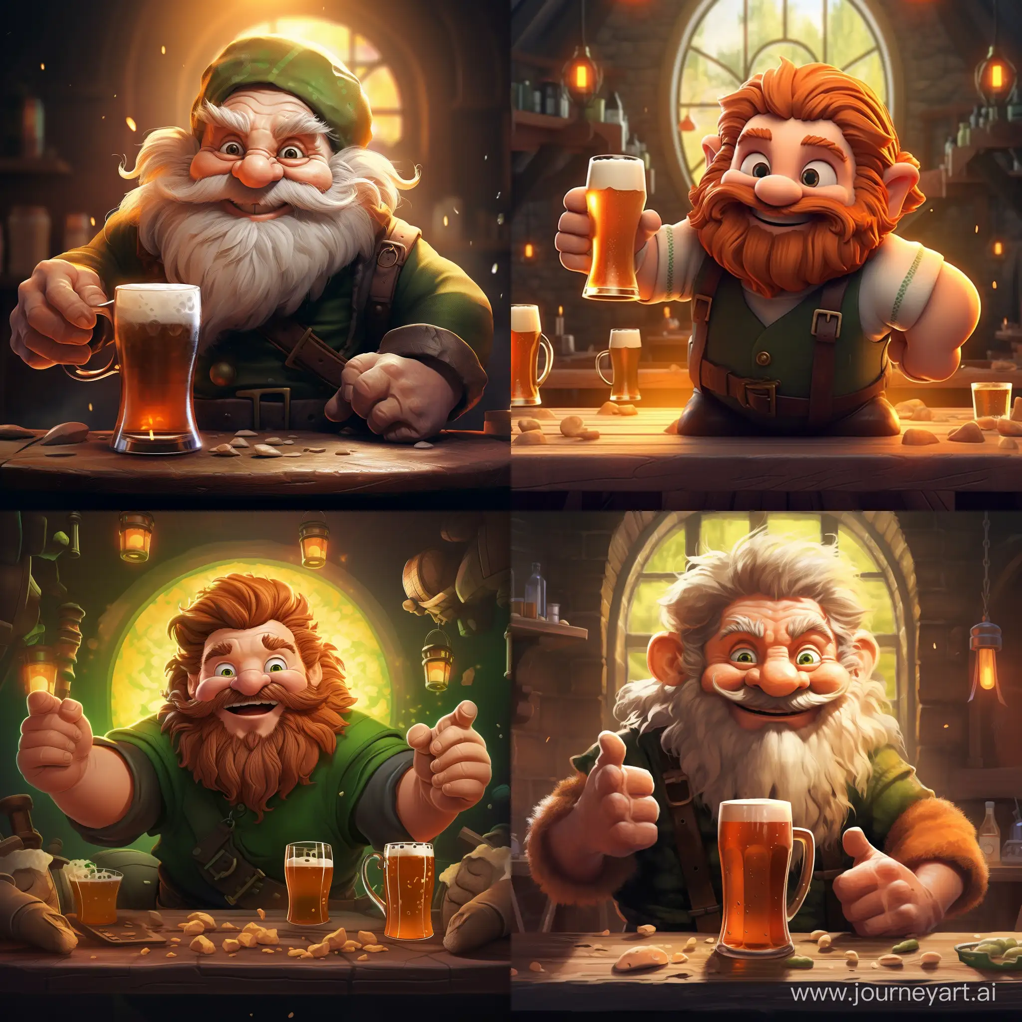 create a happy small Irish dworf who loves beer and is very happy on st Patrick day. be creative where the setting is set