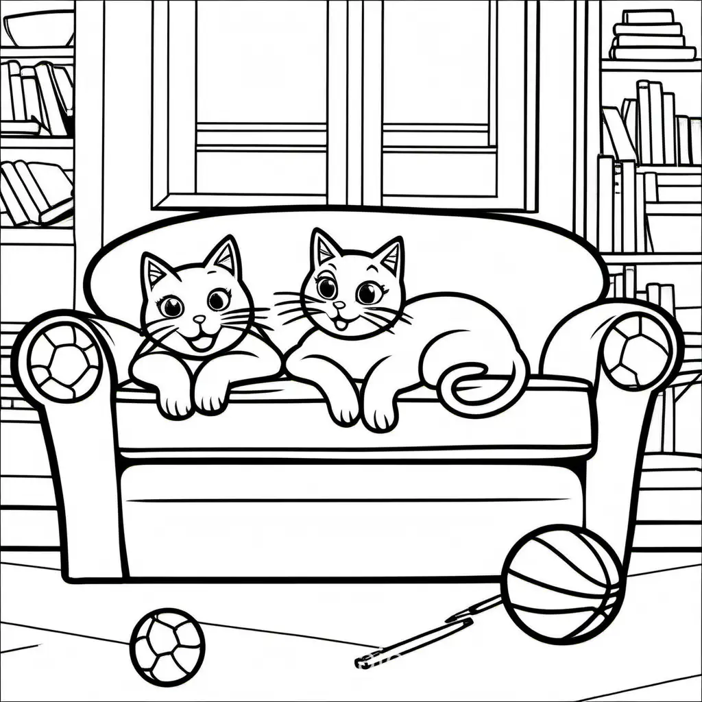 Two cats playing with a ball on a sofa, Coloring Page, black and white, line art, white background, Simplicity, Ample White Space. The background of the coloring page is plain white to make it easy for young children to color within the lines. The outlines of all the subjects are easy to distinguish, making it simple for kids to color without too much difficulty