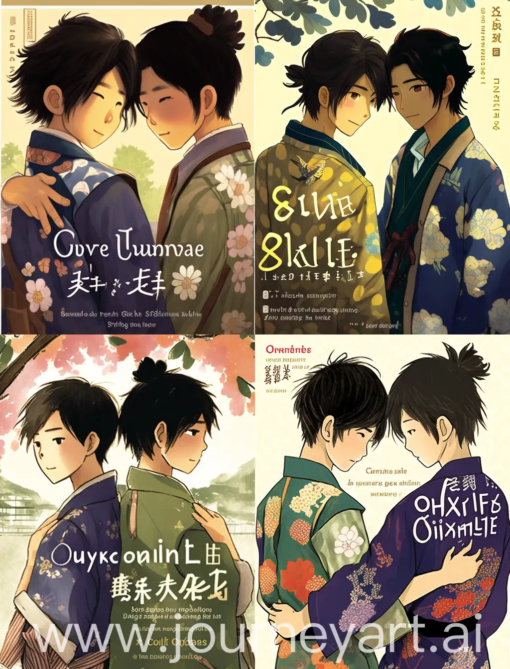 Japanese style, two 15-year-old Japanese boyfriends in old kimonos affectionately put their arms around each other's shoulders. Dark hair, Japan has a rich tradition of storytelling and whimsy. Create a collaborative story that incorporates elements of these artistic styles: the turbulent past and the tenacious spirit of the Japanese people, the innocent and free touch of children's drawings, pencil scribbles and hand paintings, the hazy backdrop of the Japanese countryside, and the rustic simplicity of the setting.
