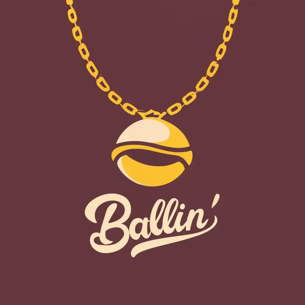 logo, GOLDEN MEATBALL ON GOLD CHAIN NECKLACE WITH BURGUNDY BACKGROUND, with the text "BALLIN'", typography, be used in Restaurant industry