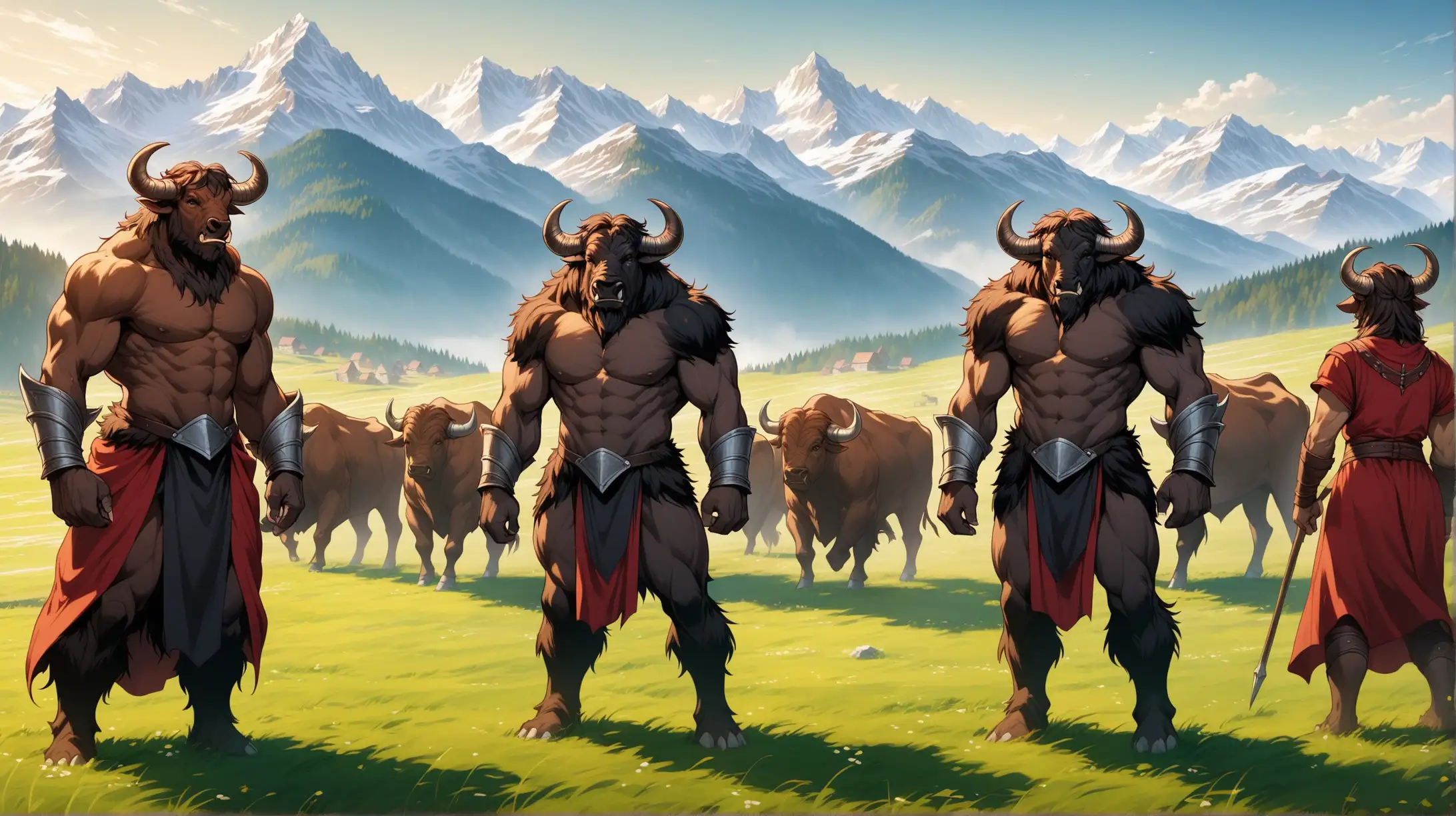 group of hybrid minotaur people, red gray black fur, mountain pasture, Medieval fantasy