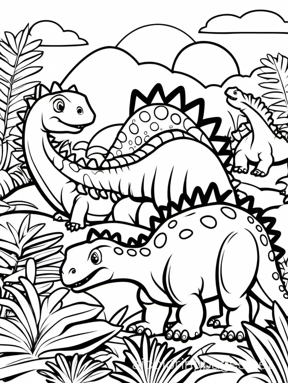 cute original dinosaurs outline for coloring book, Coloring Page, black and white, line art, white background, Simplicity, Ample White Space. The background of the coloring page is plain white to make it easy for young children to color within the lines. The outlines of all the subjects are easy to distinguish, making it simple for kids to color without too much difficulty