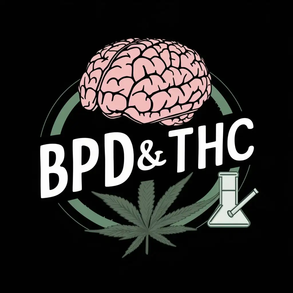 logo, Brain, cannabis leaf and Bong, with the text "BPD&THC", typography