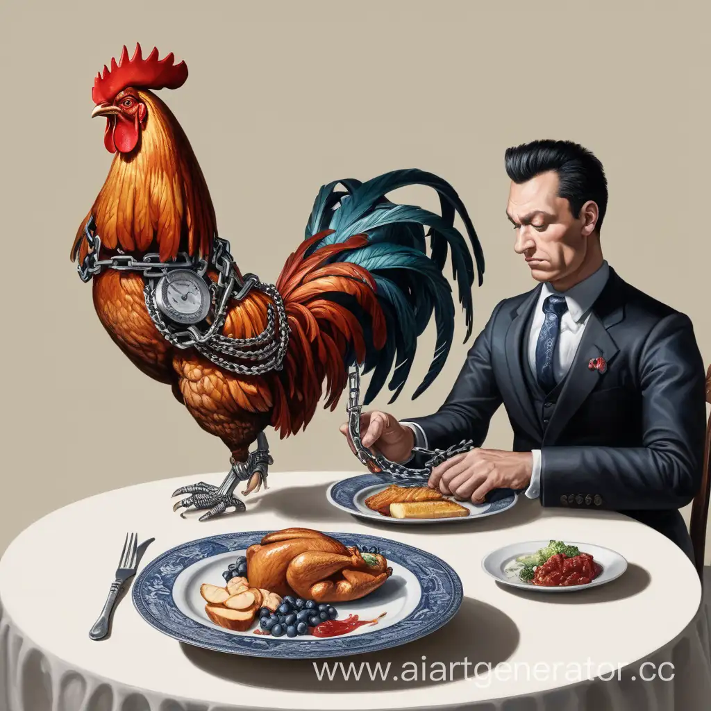 Person-Seated-at-Table-with-Rooster-Chained-to-Plate
