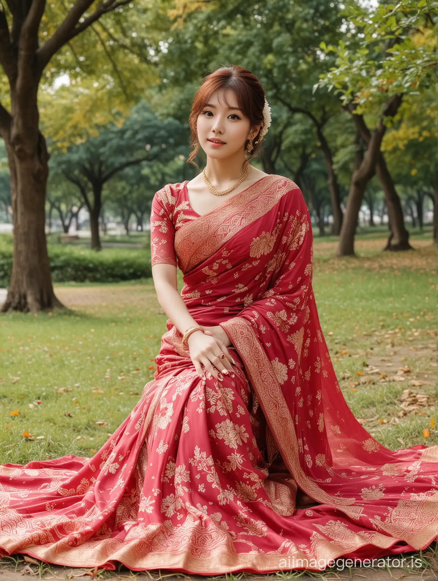Extremely beautiful Jun Hyoseong wearing traditional Indian saree sitting on an empty park,