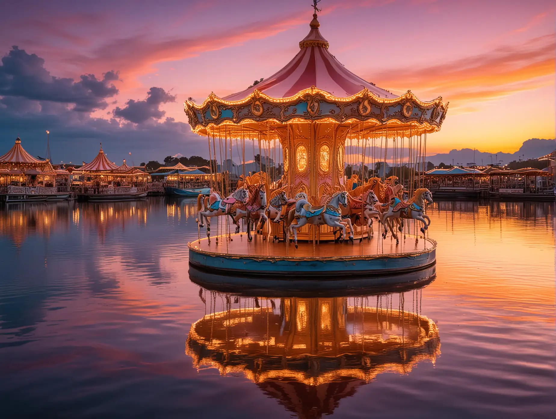 Golden Carousel at Sunset Over Water Reflective Serenity