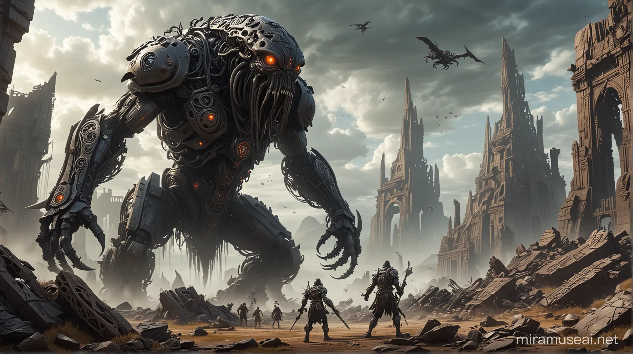 A giant lovecratian monster, black tentacles, battling a giant alien robot in front of ancient alien metal ruins with norse runes on them, bleak.