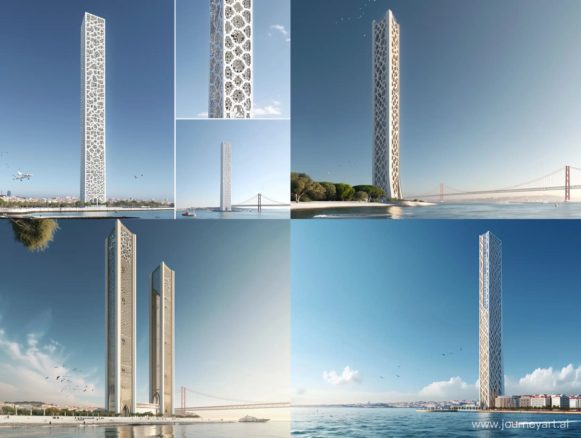 a modern skyscraper with a height of at least 500 meters with an exterior design inspired by traditional african architecture which suits the skyline of lisbon