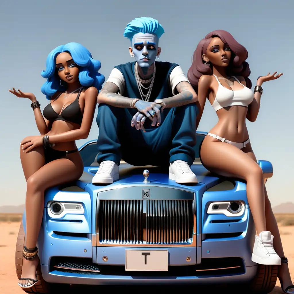 Blue skelton rapper with blue hair sitting on a black rolls royce with two brown skin girls standing next to him