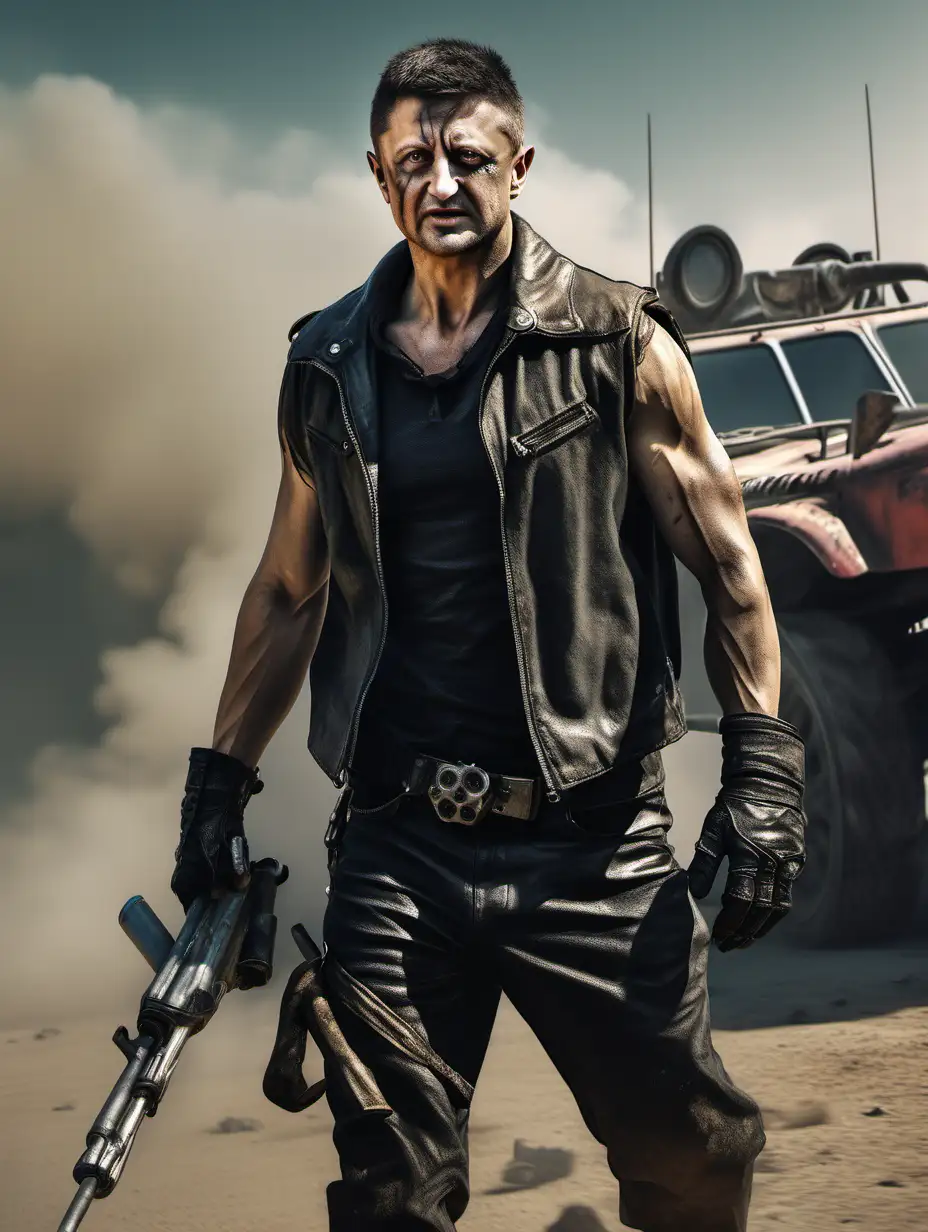 Vladimir Zelensky as a Mad Max character full punk and crazy 4k extremely photorealistic, uhd 4k highly detailed, ((ethereal lighting, ultra-high res.photorealistic:.1.4, (high detailed skin:1.2), 8k uhd, dslr, high quality, film grain, Fujifilm XT3,(masterpiece) (best quality) (detailed) (cinematic lighting) (sharp focus) (intricate)