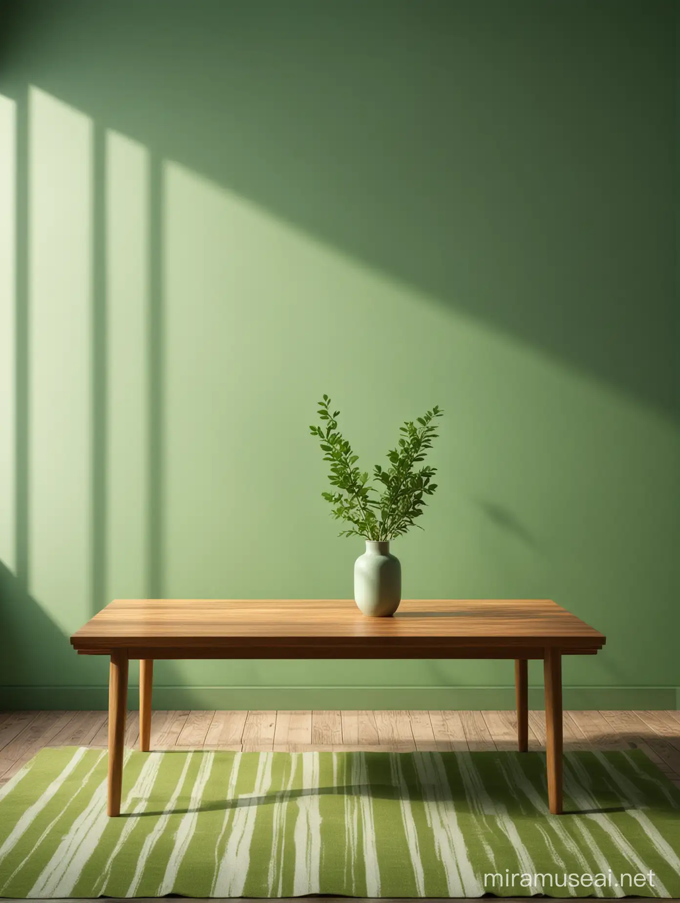 wooden table on a green cloth background, in the style of minimalist stage designs, windows vista, organic minimalism, uhd image, striped arrangements, sunrays shine upon it, contest winner