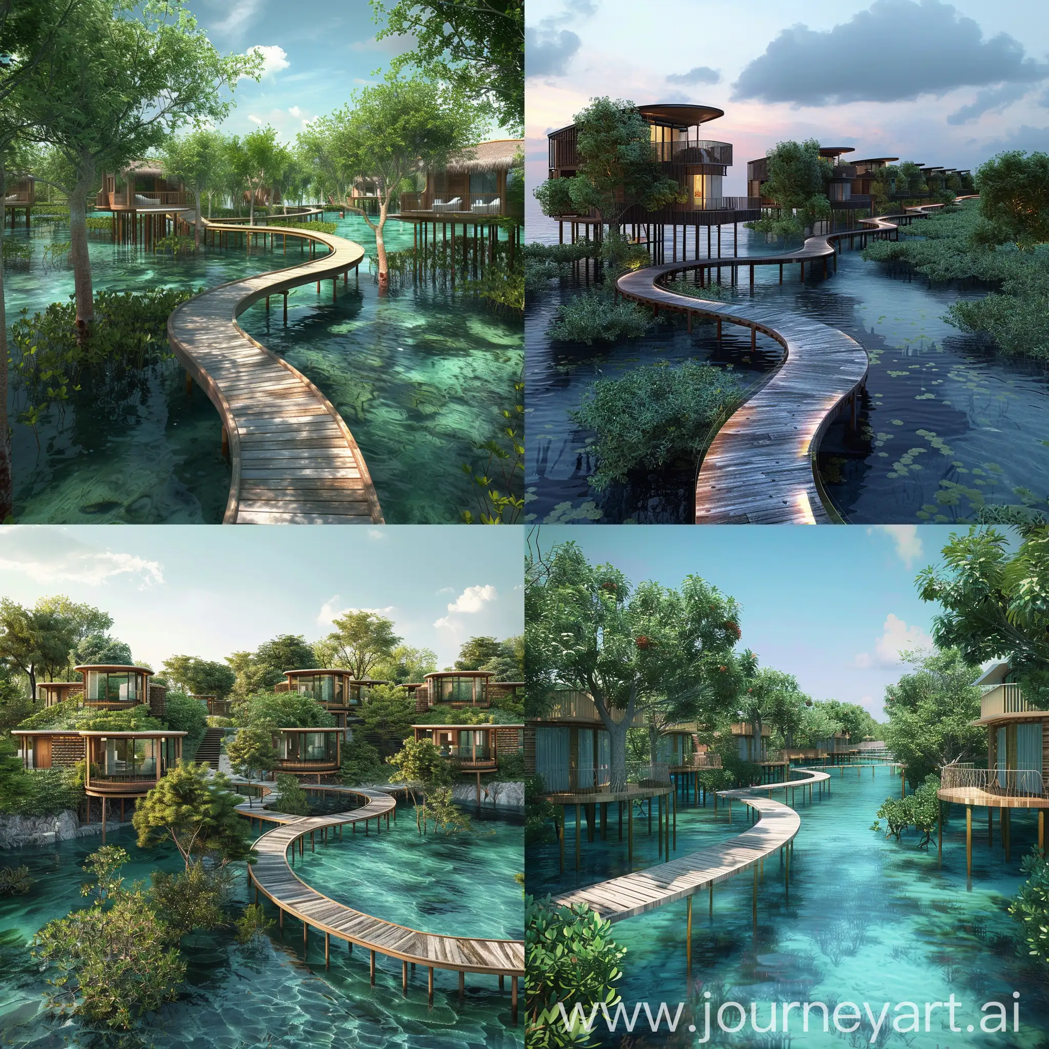 Can you create a pathways layout that is inspired from the mangrove forest  for a resort and hotel with villas that are elevated on a lagoon on different levels that makes you feel like you're taking a walk in a mangrove forest?