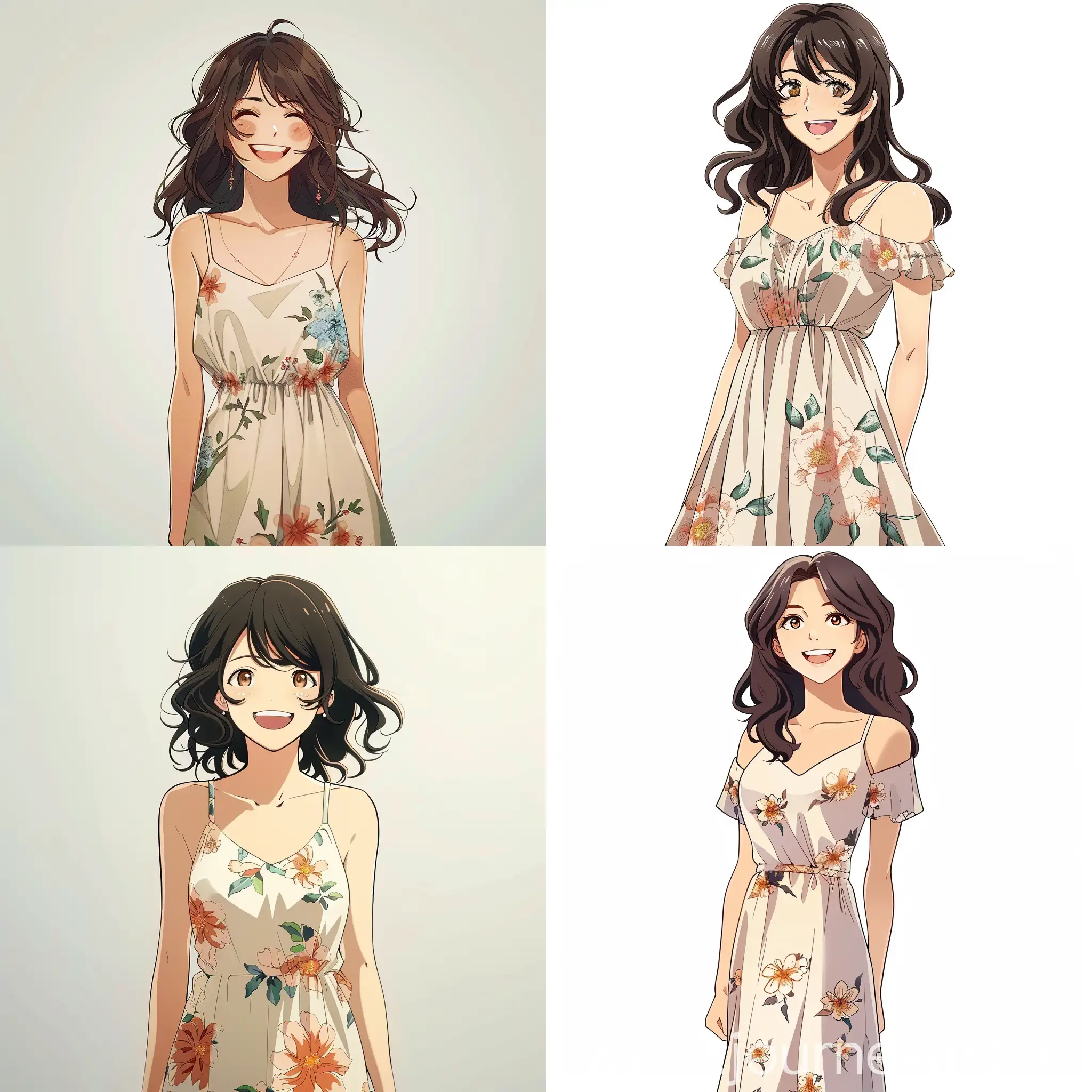 A cute smiling young woman with dark-brown wavy garson haircut, in the long light summer dress with flower print in anime style