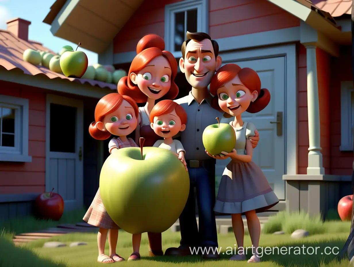 3d pixar счастливая семья (мужчина и женщина с ребенком) вместе держат одно гигантское яблоко на фоне своей дачи