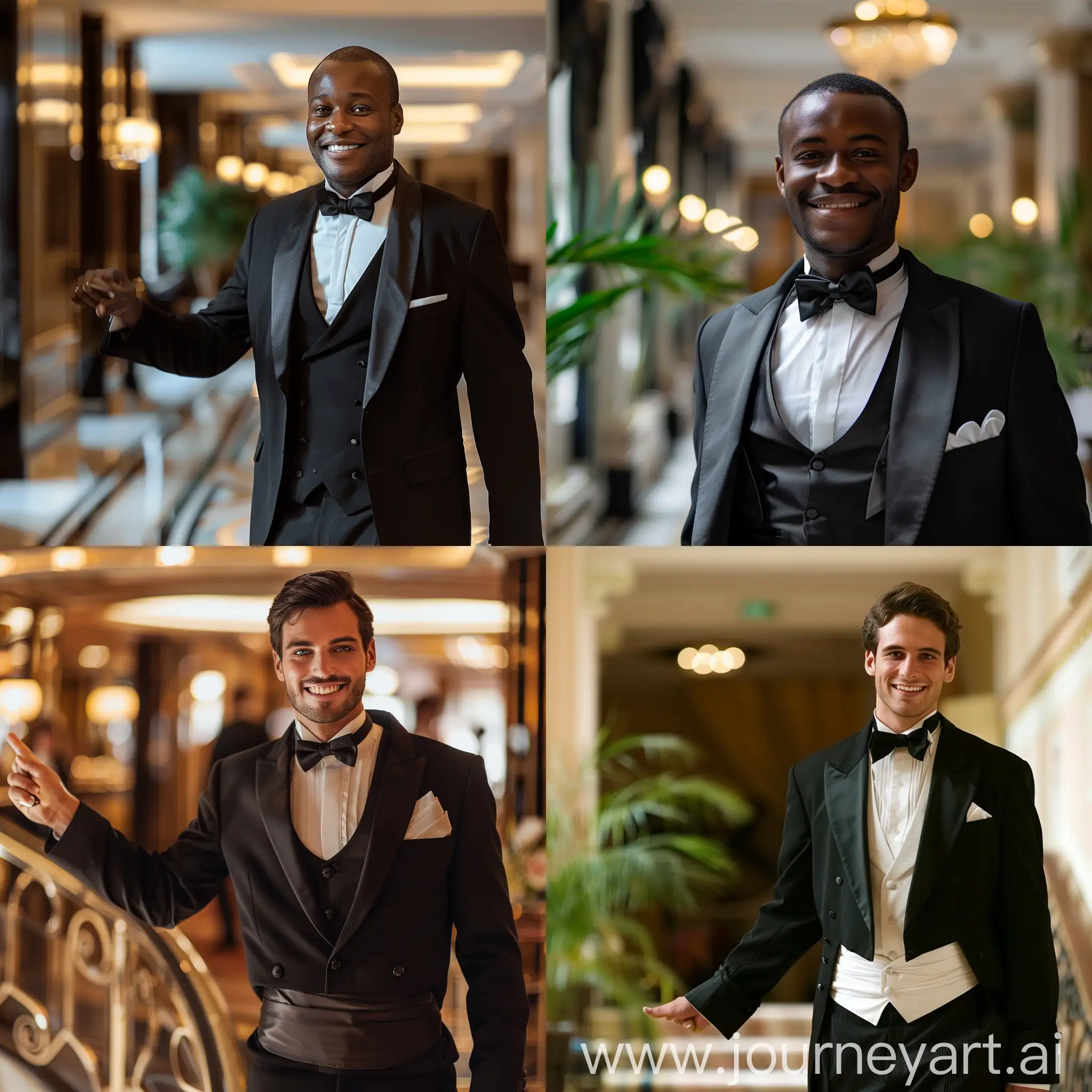a butler showing the way in a welcoming fashion with a smile