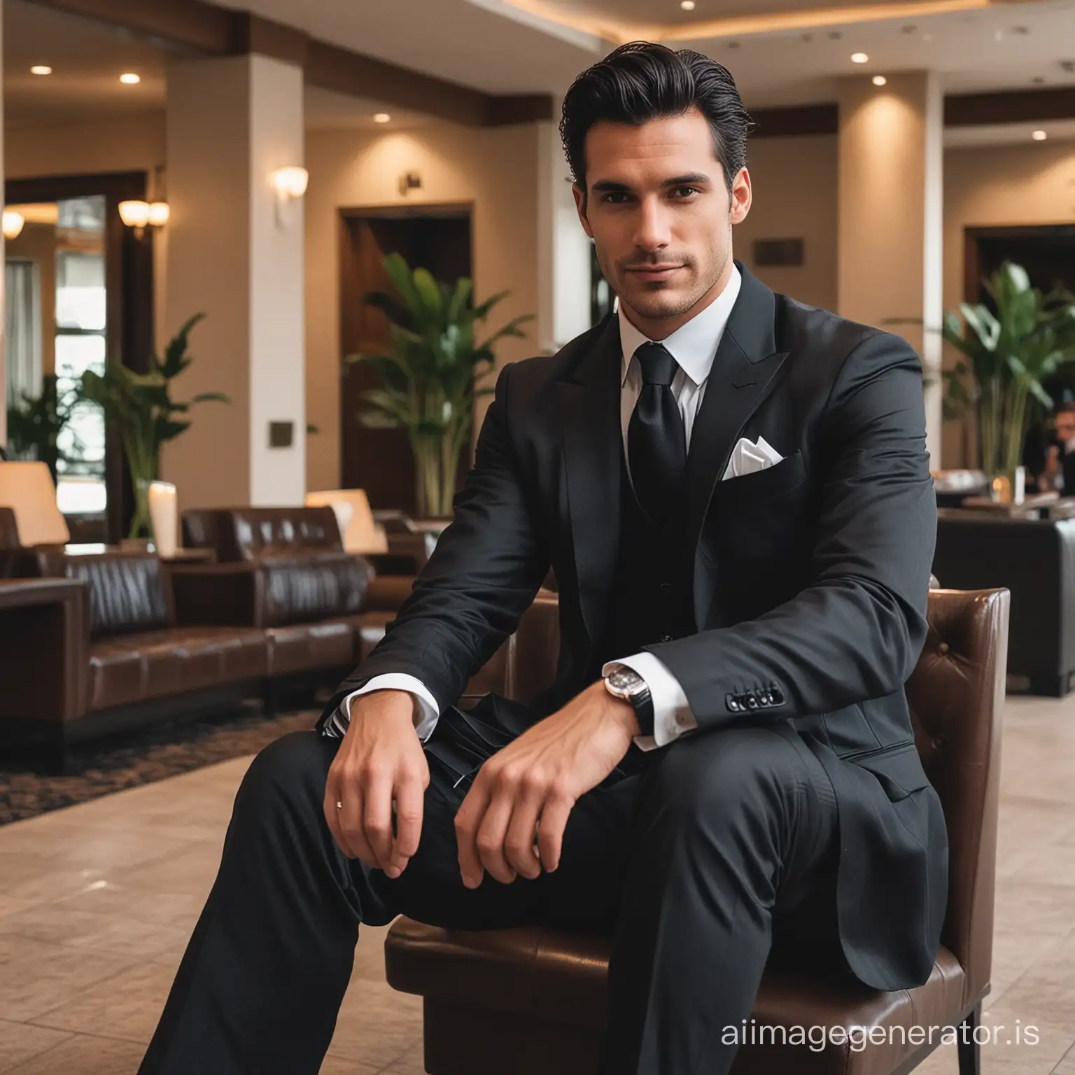 Stylish gentleman black hairs sitting hotel lobby without ties closer