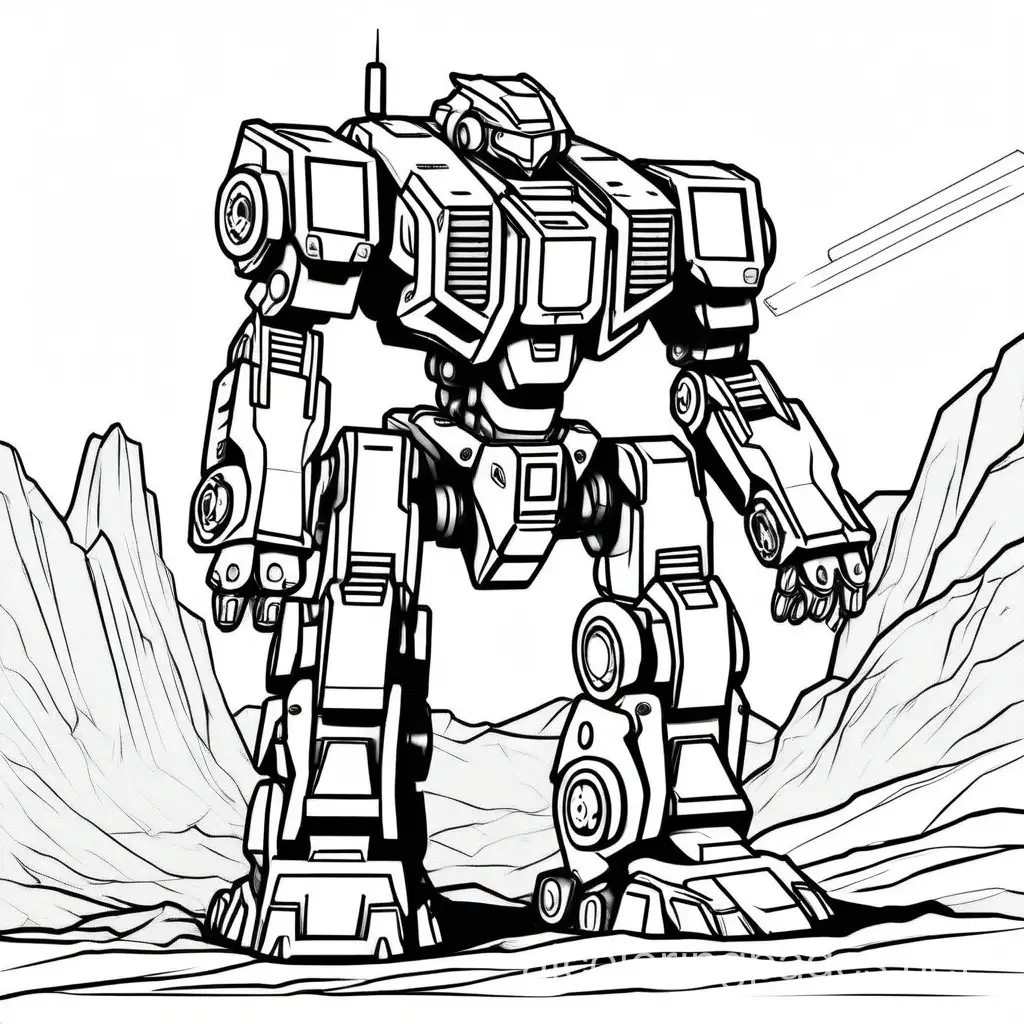 battlemech, Coloring Page, black and white, line art, white background, Simplicity, Ample White Space. The background of the coloring page is plain white to make it easy for young children to color within the lines. The outlines of all the subjects are easy to distinguish, making it simple for kids to color without too much difficulty