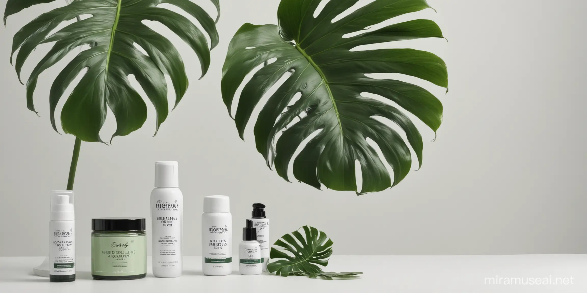 Banner of 'VivaLeaf' beauty store on marketplace that has, white blackground, a monstera leaf as prop, Skincare products that have green and white colors, wording '100 OFF' as coupon and have click botton as below.

Please cleary banner brightness