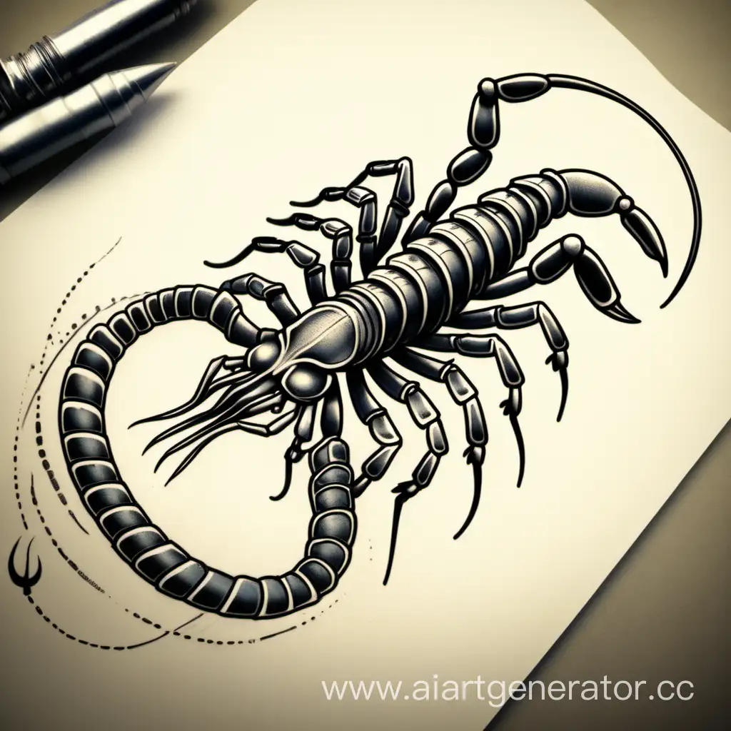 эскиз татуировки скорпиона с хвостом сороконожки, на конце которого будет моргенштерн