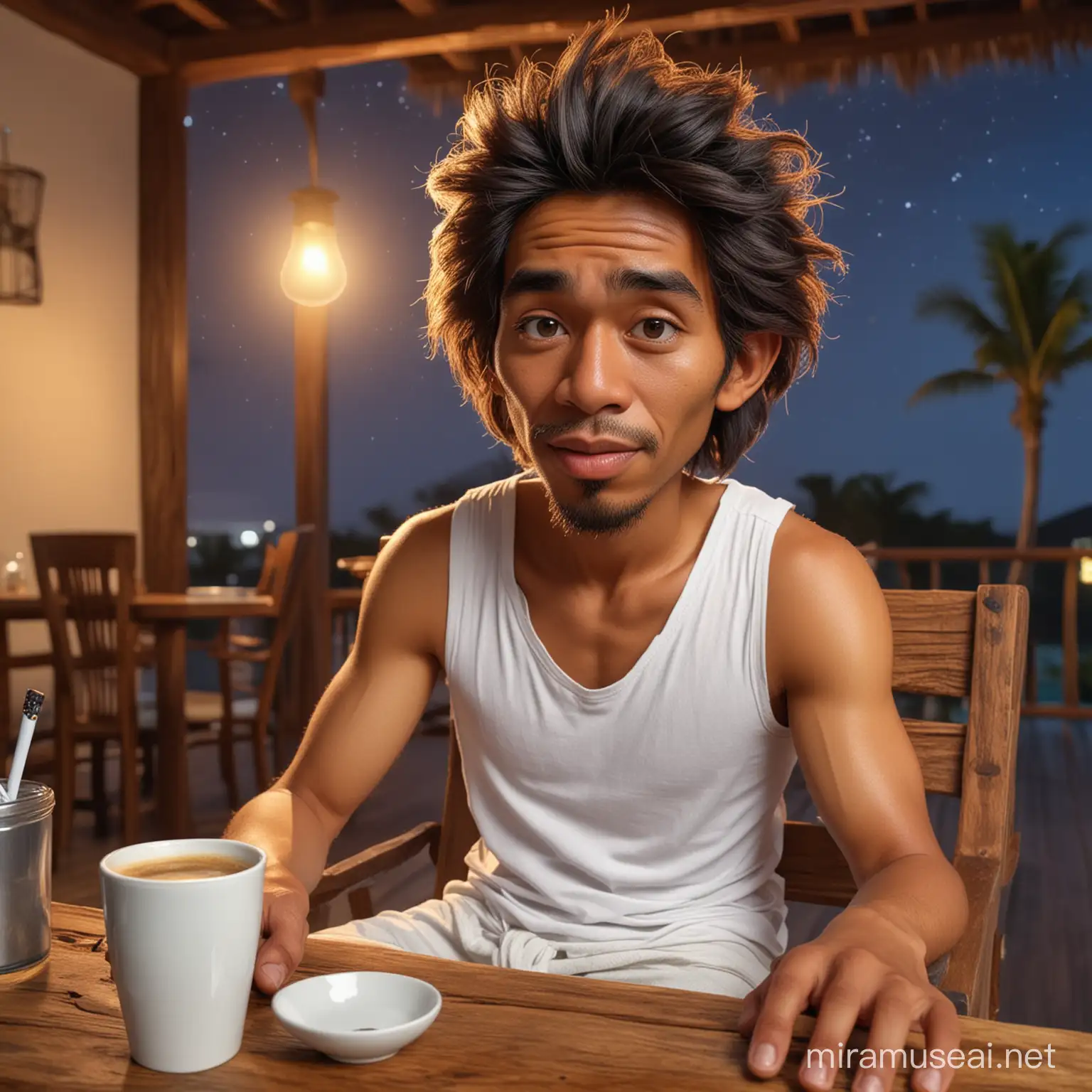 Indonesian Man Relaxing with Coffee and Cigarette at Night