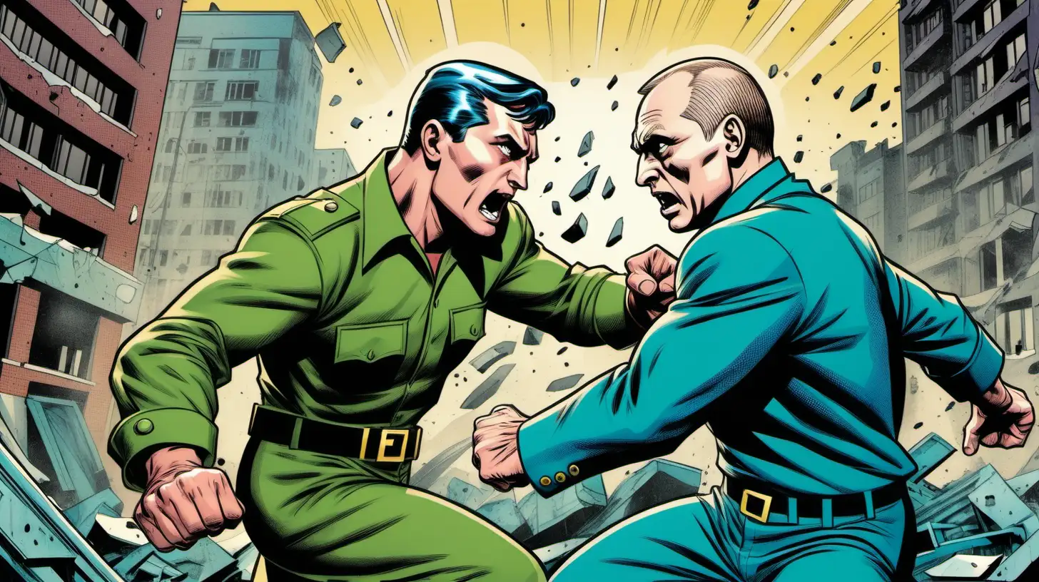 Zelenskiy vs Putin Epic Battle in a Broken City Jack Kirby Style Comic Cover