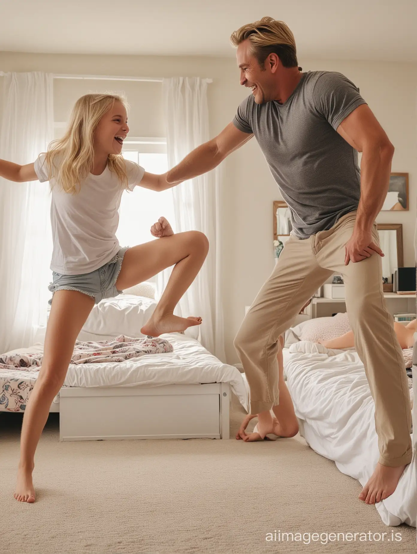 an 11 year old blonde girl kicking a grown man between his legs, smiling, bedroom