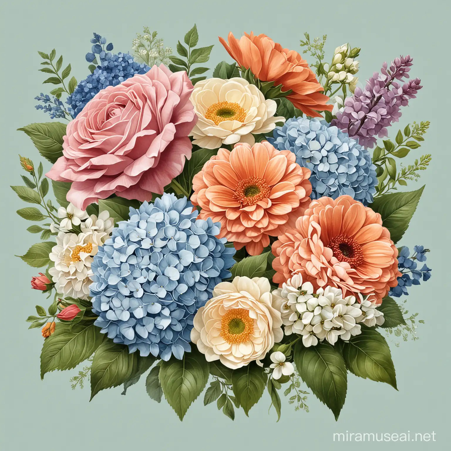 Colorful Spring Floral Arrangements Roses Hydrangeas Astros and Gerberas Illustration