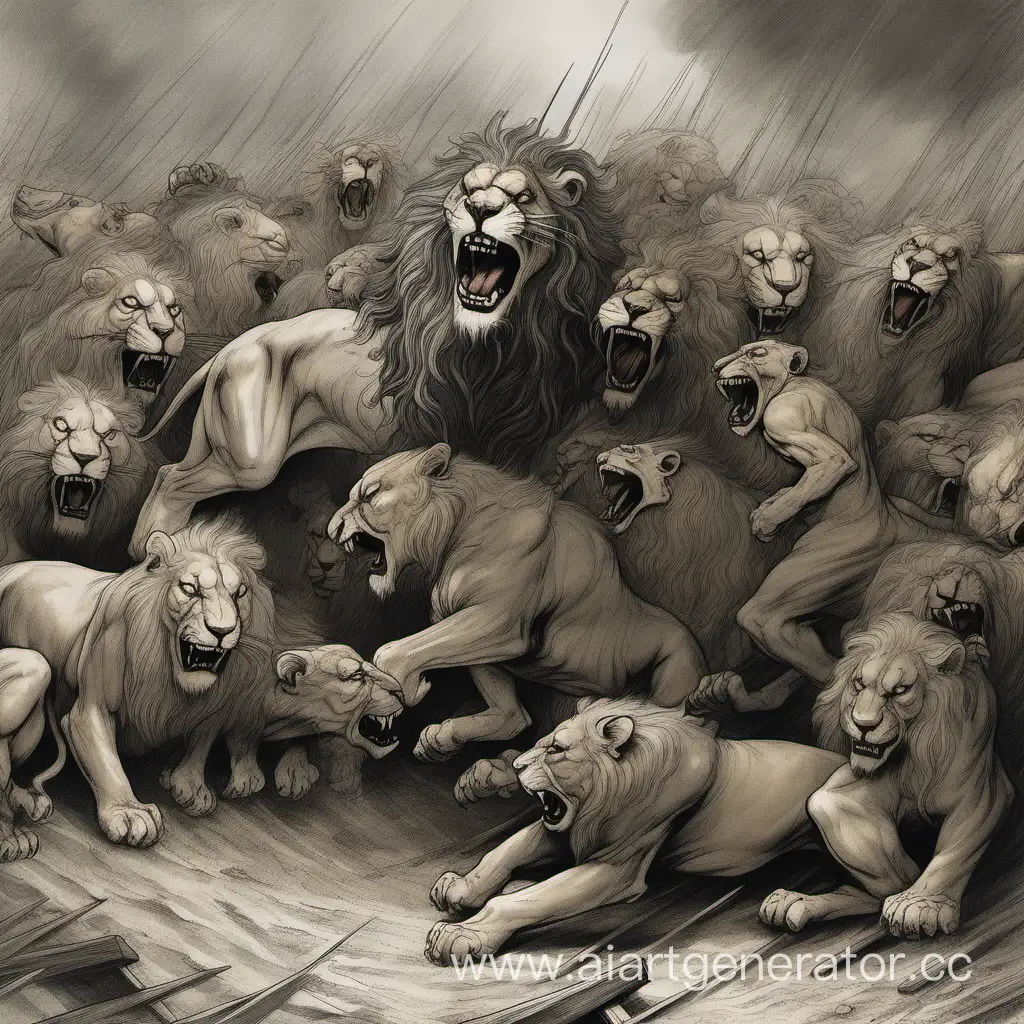 Ramped and roared the lions, with horrid laughing jaws;
They bit, they glared, gave blows like beams, a wind went with their paws;
With wallowing might and stifled roar they rolled on one another;
Till all the pit with sand and mane was in a thunderous smother;