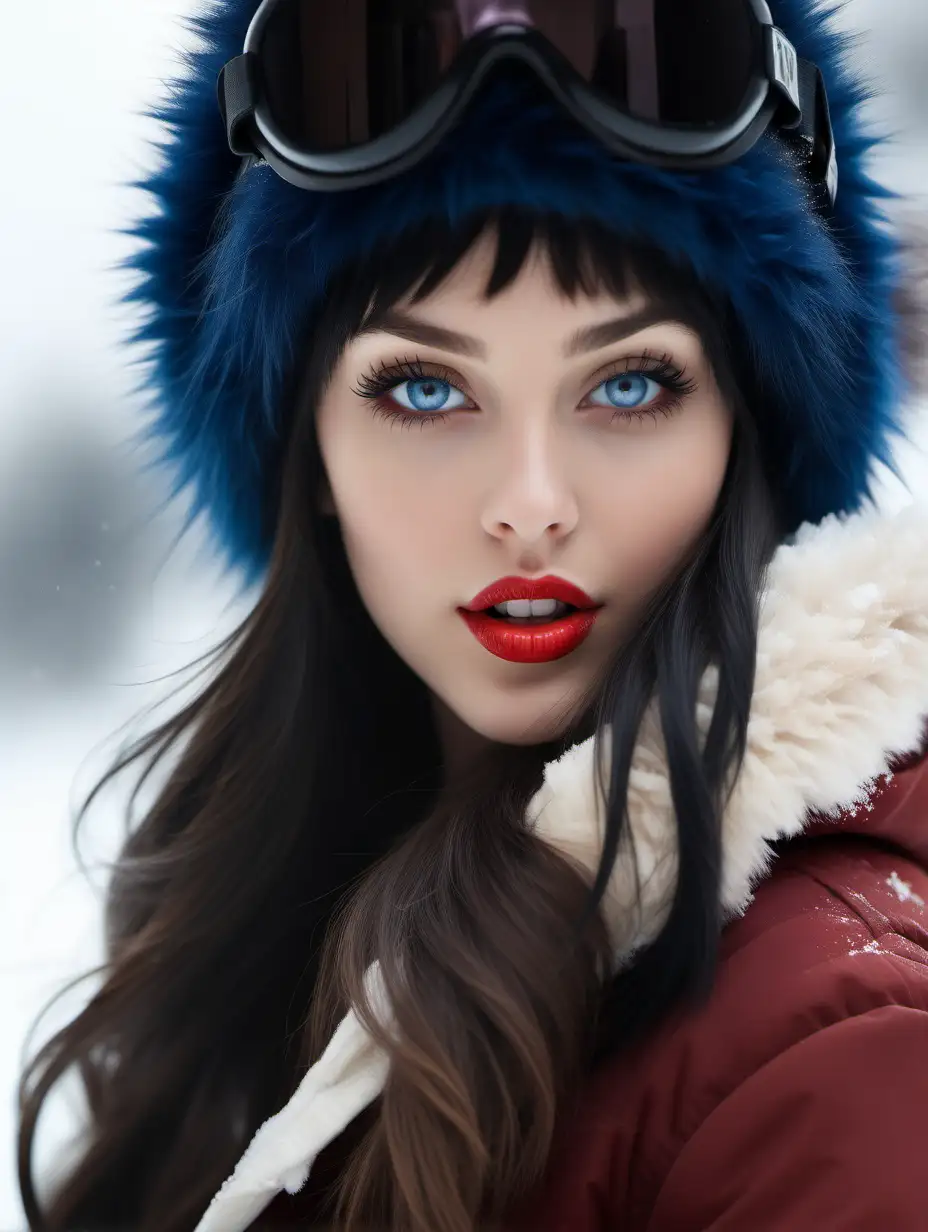 realistic stunning young beautiful girl, perfect face, dark blue eyes, black hair, long legs, face closeup, innocent look, lght makeup, red lips, mouth slighly open, sultry eyes, wearing winter clothes, walking in the snow carrying a snowboard. fur hat. snowing .