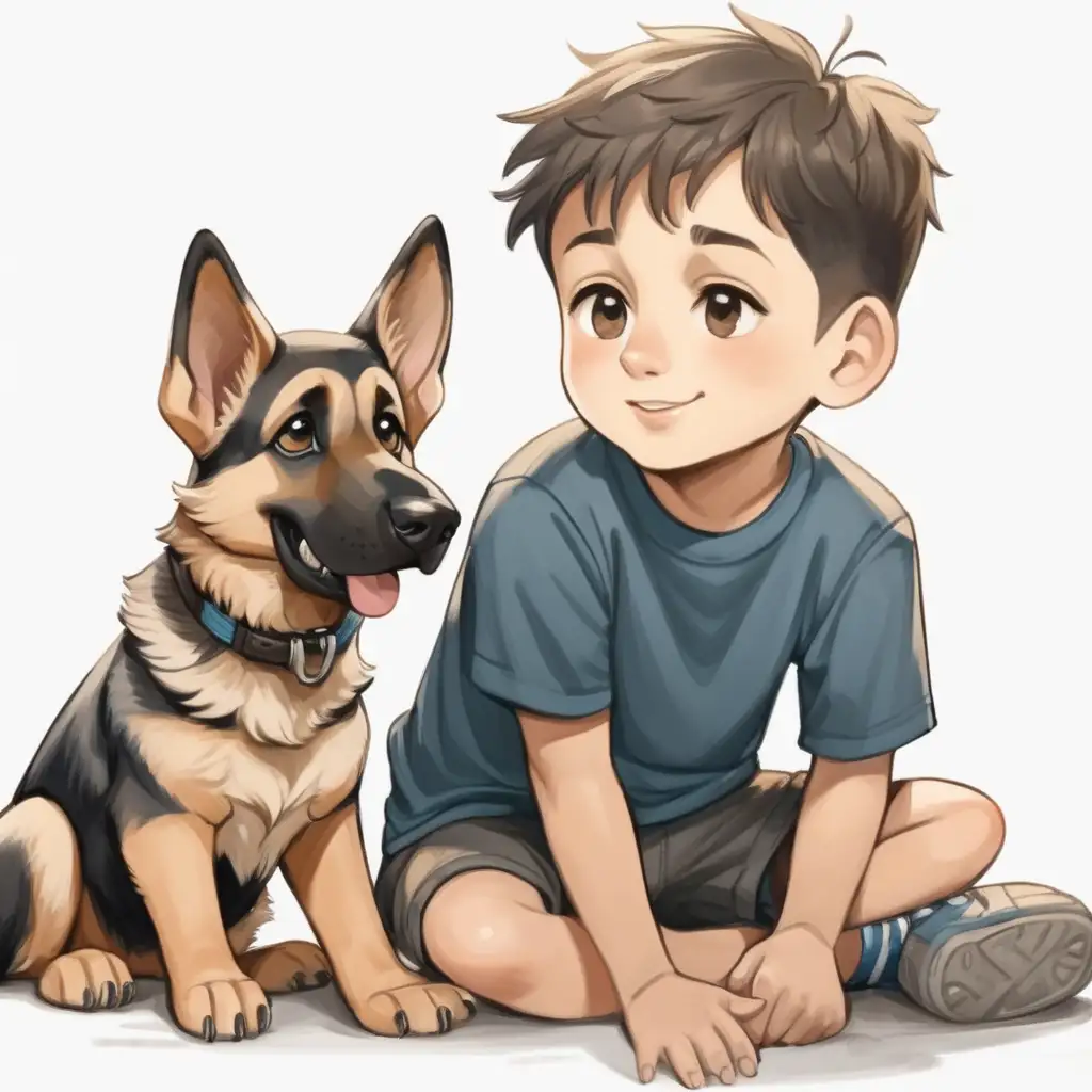  little boy , and his dog,
  german shepard 