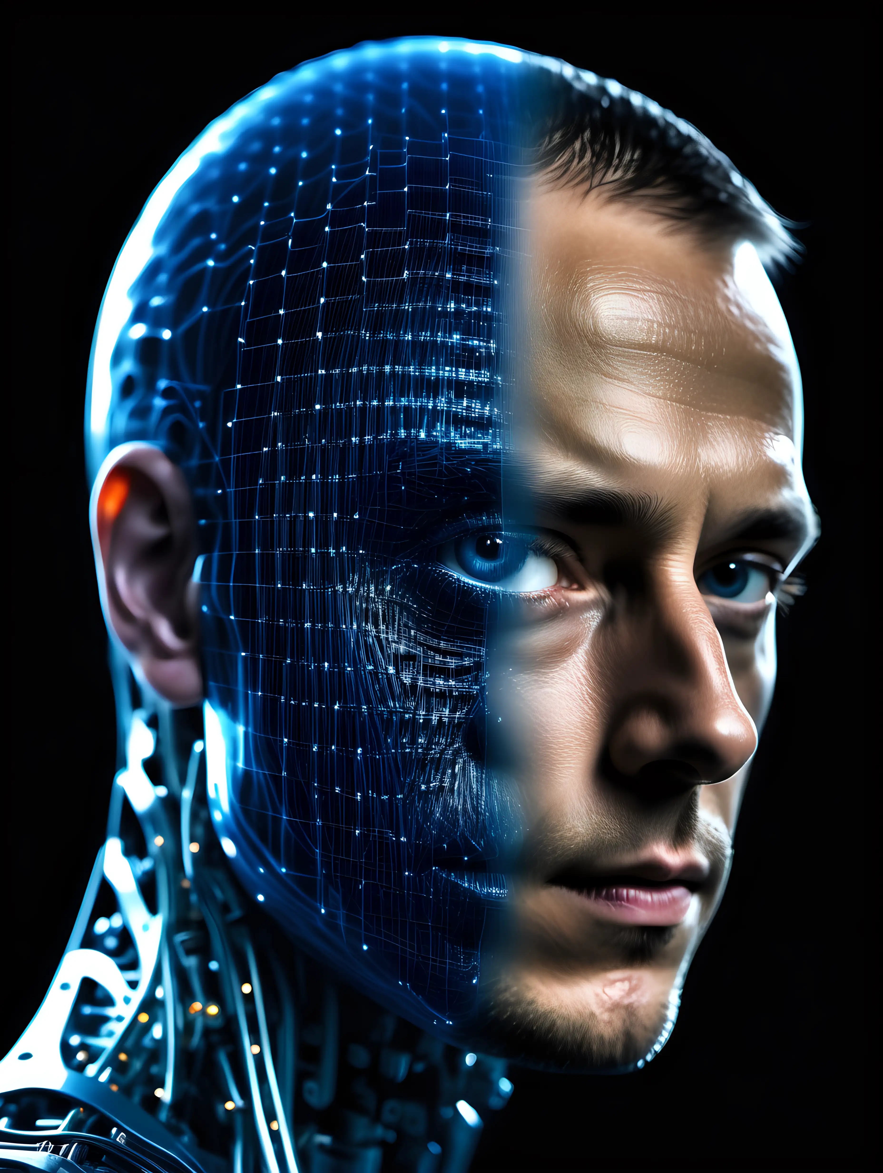 professional photo with slight reflection. dark background. dark blue high tech waves of neural network in bottom and double exposure nice man 23years old human head half robot half human westworld style uhd 8k realistic detailed bit of matrix style 