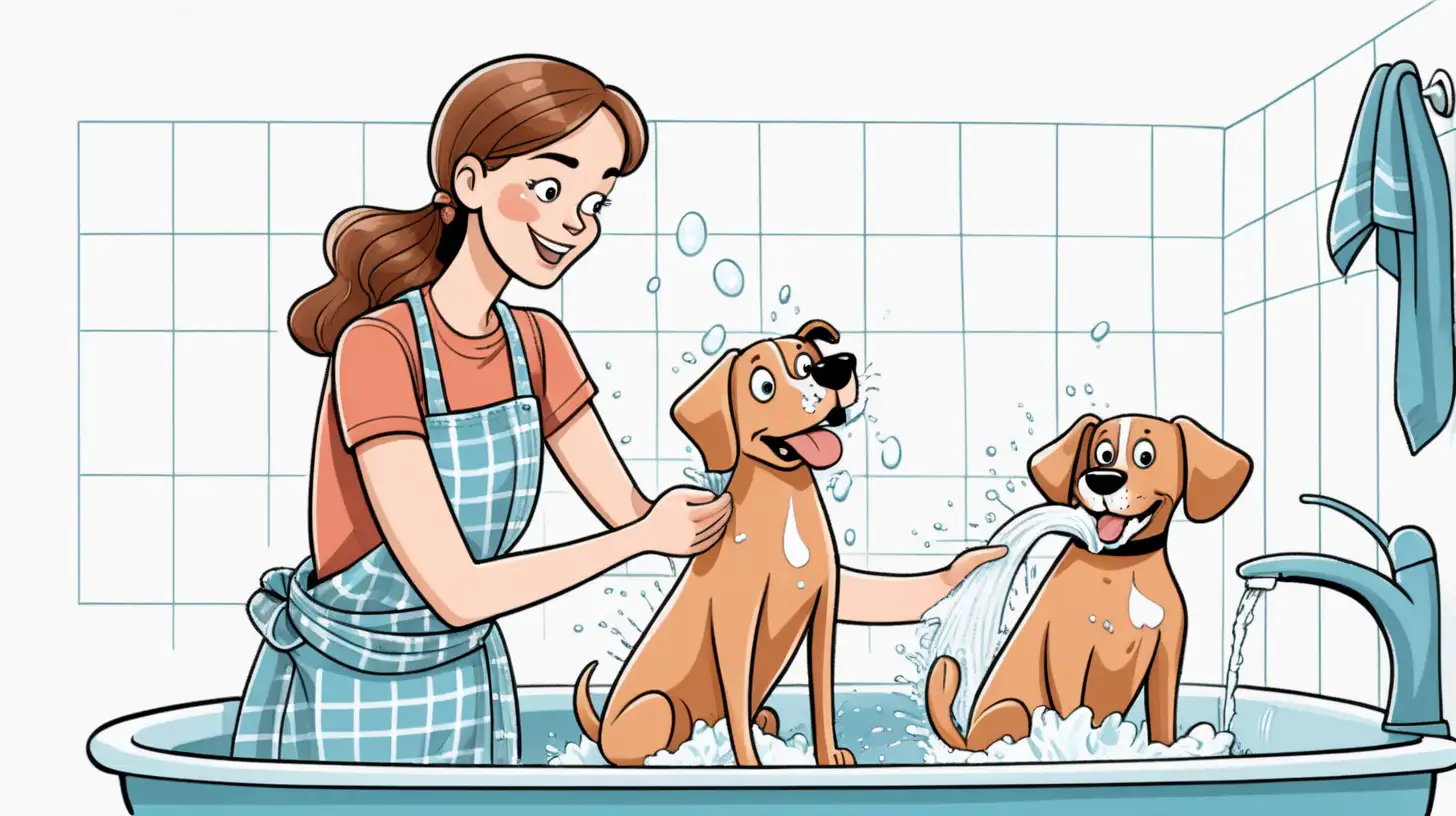 cartoony illustration of woman washing dog on white background