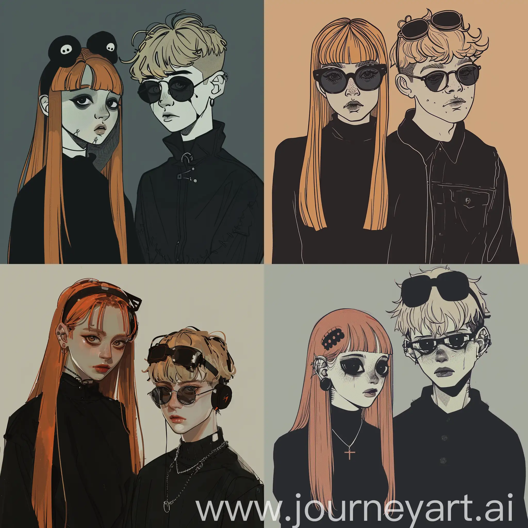 a girl with ginger straight hair and beside her a boy with blonde hair, black outfit and glasses on his head, horror vibes, dark theme, teenagers, animated drawing