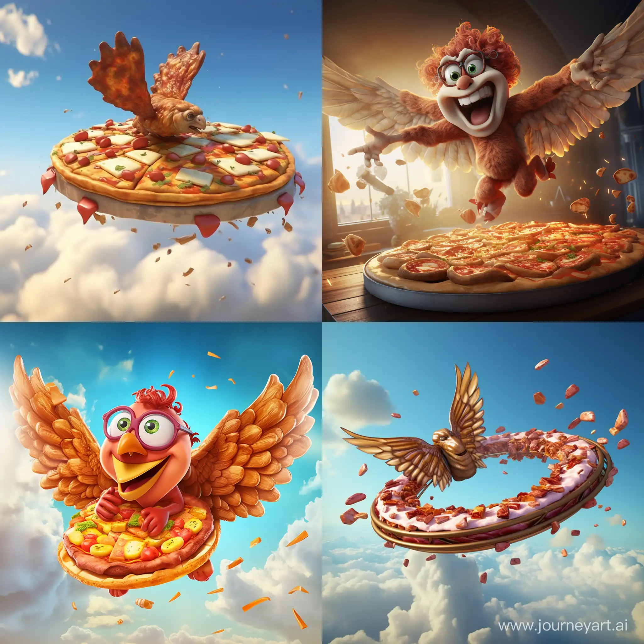 Flying pizza with wings.  3D animation 