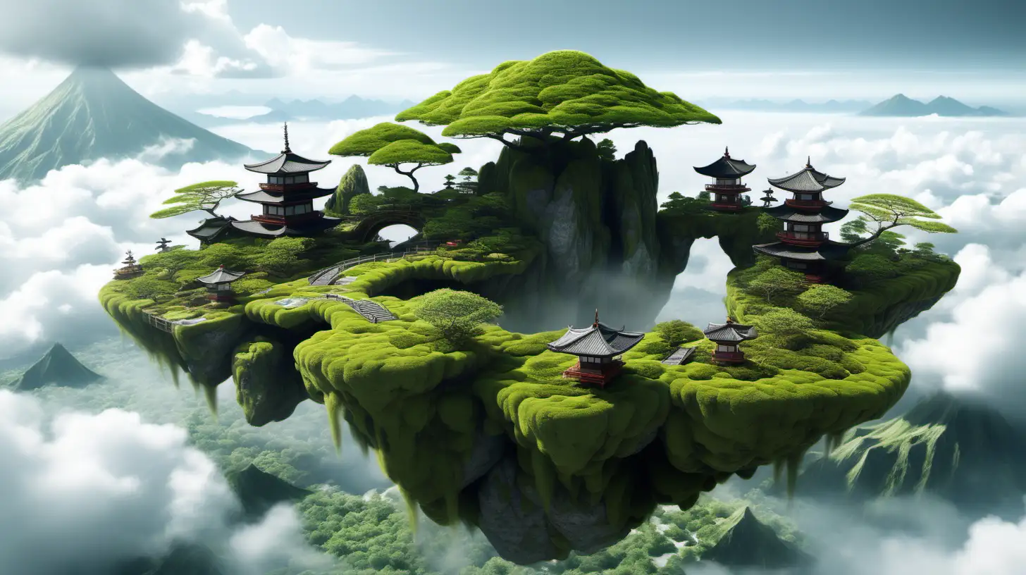 Serene Photorealistic Island Sky with Mossy Japanese Garden Landscape