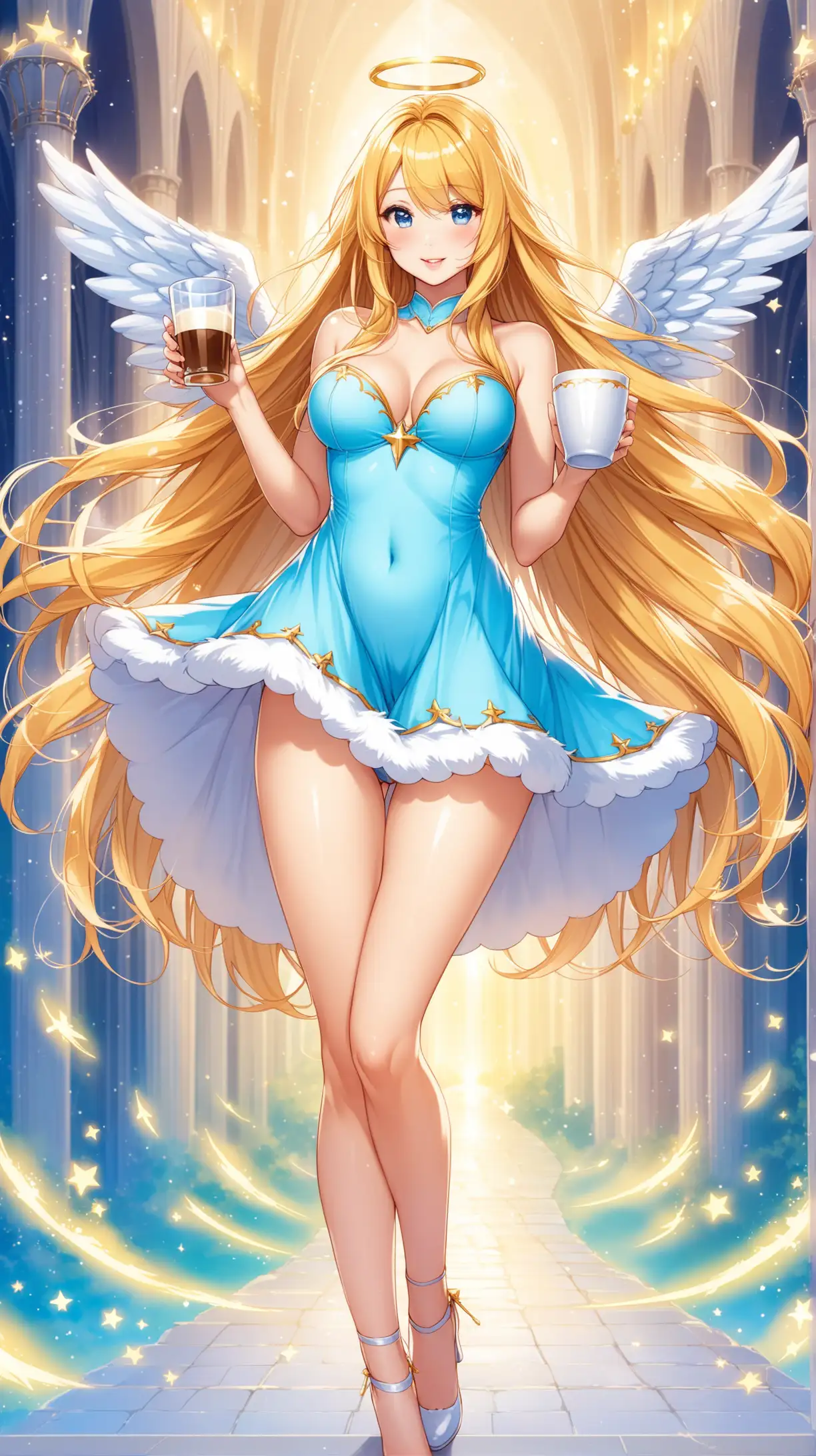 Sexy women carry cup , angel costume, playful, blond long hair, light blue short sexy dress, fantastic background .