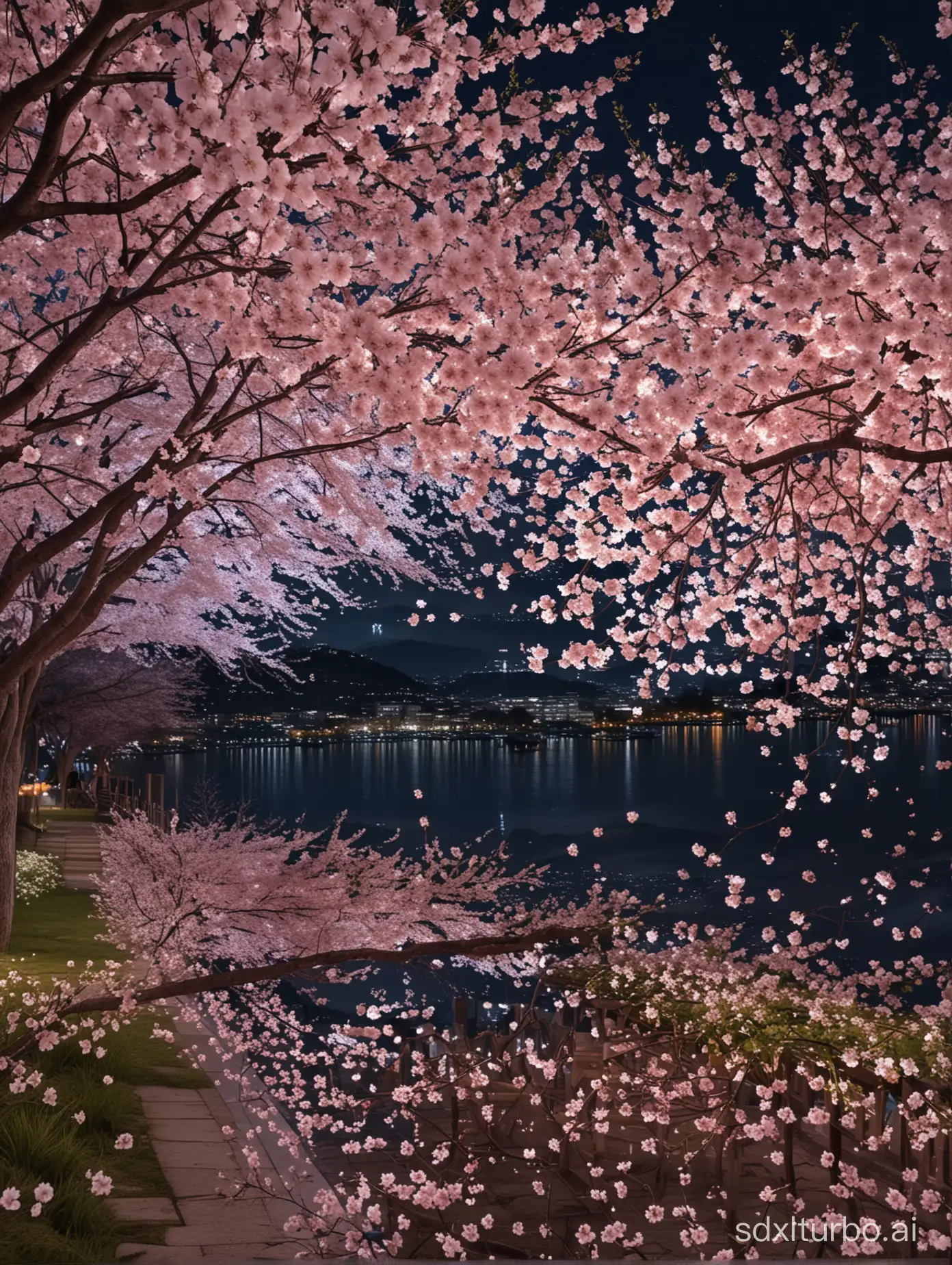 Masterpiece, top quality, ultra-fine, extremely detailed, 4K, 8K, top quality, beautiful, realistic, real, cherry blossoms🌸, night, light-up